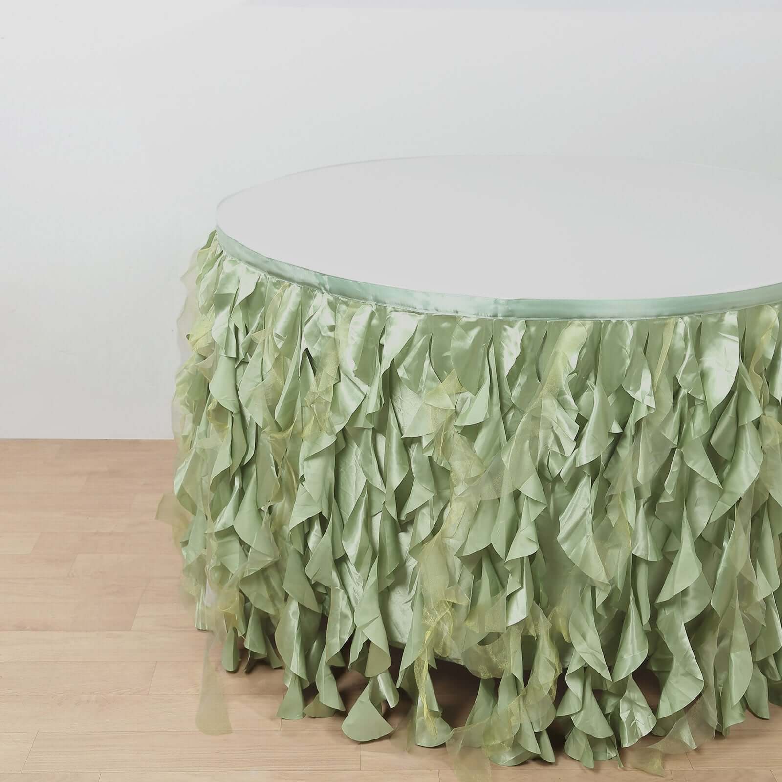 Taffeta 14ft Table Skirt Sage Green - Cascading Curly Willow Style Table Cover