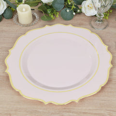 10-Pack Economy Plastic Round Charger Plates 13" in Blush with Gold Scalloped Rim, Decorative Dinner Party Serving Plates