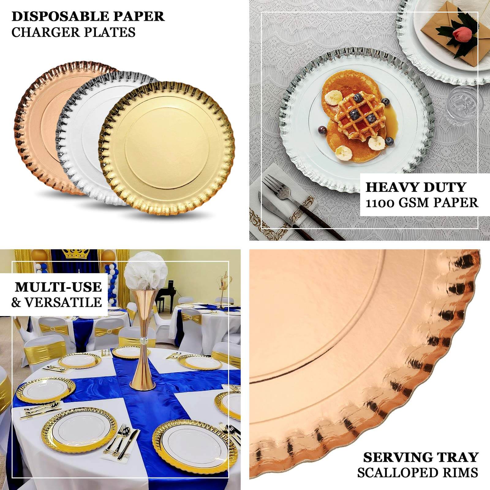 10-Pack Paper 13" Round Charger Plates in Silver with Scalloped Rims - Heavy Duty Disposable 1100GSM Serving Trays for Glam Events & Wedding Receptions