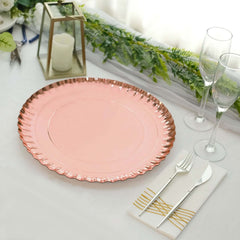 10-Pack Paper 13" Round Charger Plates in Rose Gold with Scalloped Rims - Heavy Duty Disposable 1100GSM Serving Trays