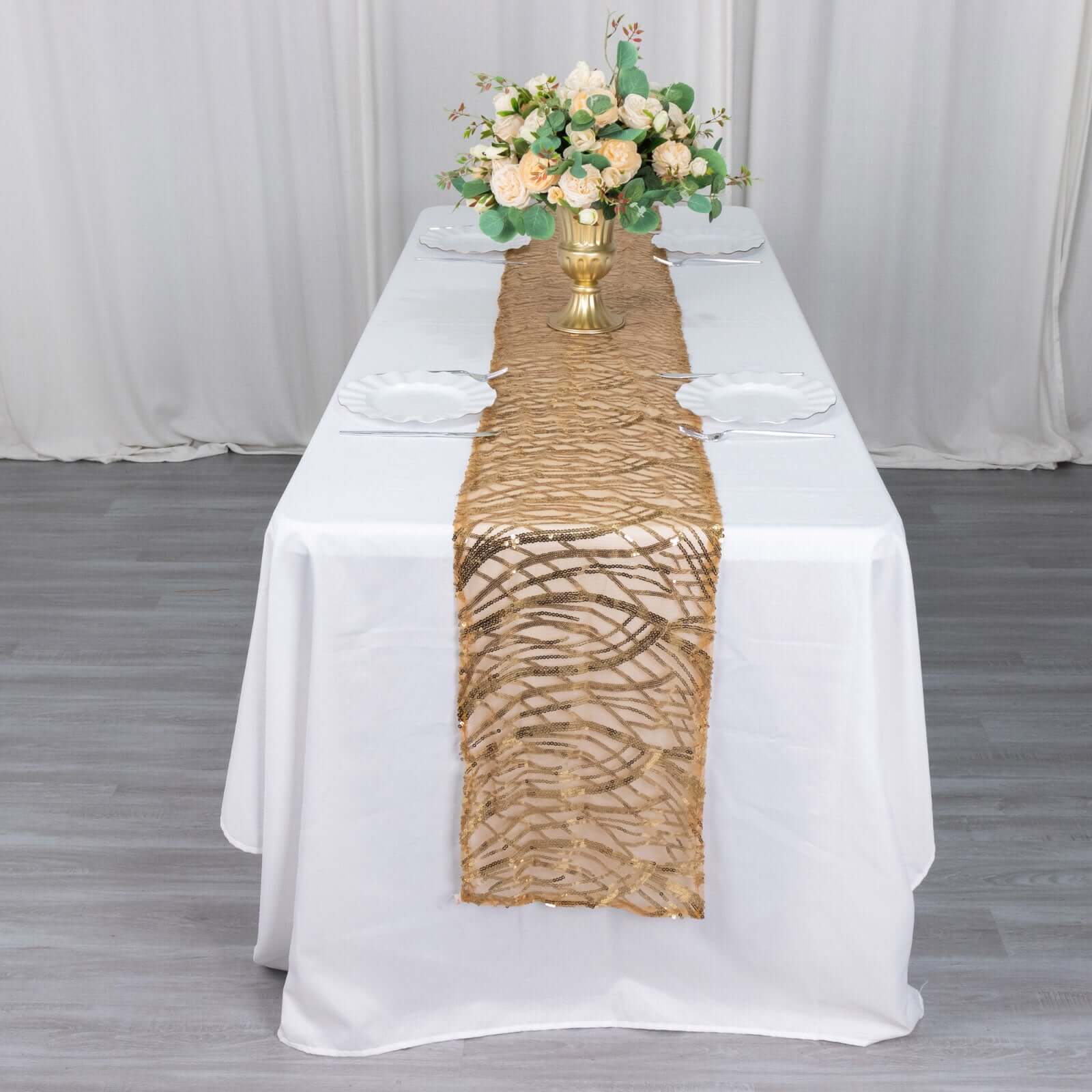 Sequin Mesh 12"x108" Table Runner Gold Wave Embroidered Design for Stylish Occasions