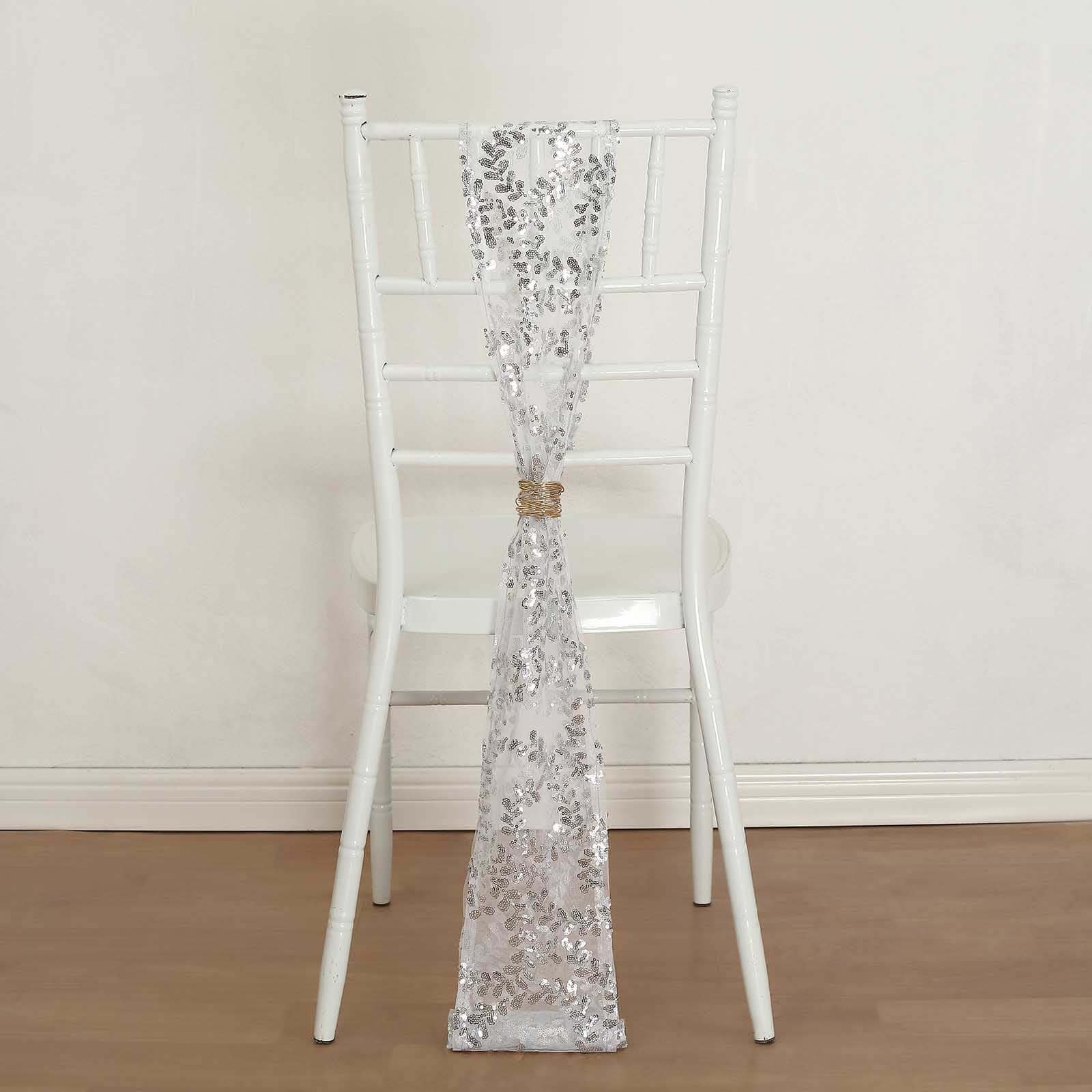 5 Pack Tulle Chair Sashes with Leaf Vine Embroidered Sequins Silver 6"x88"
