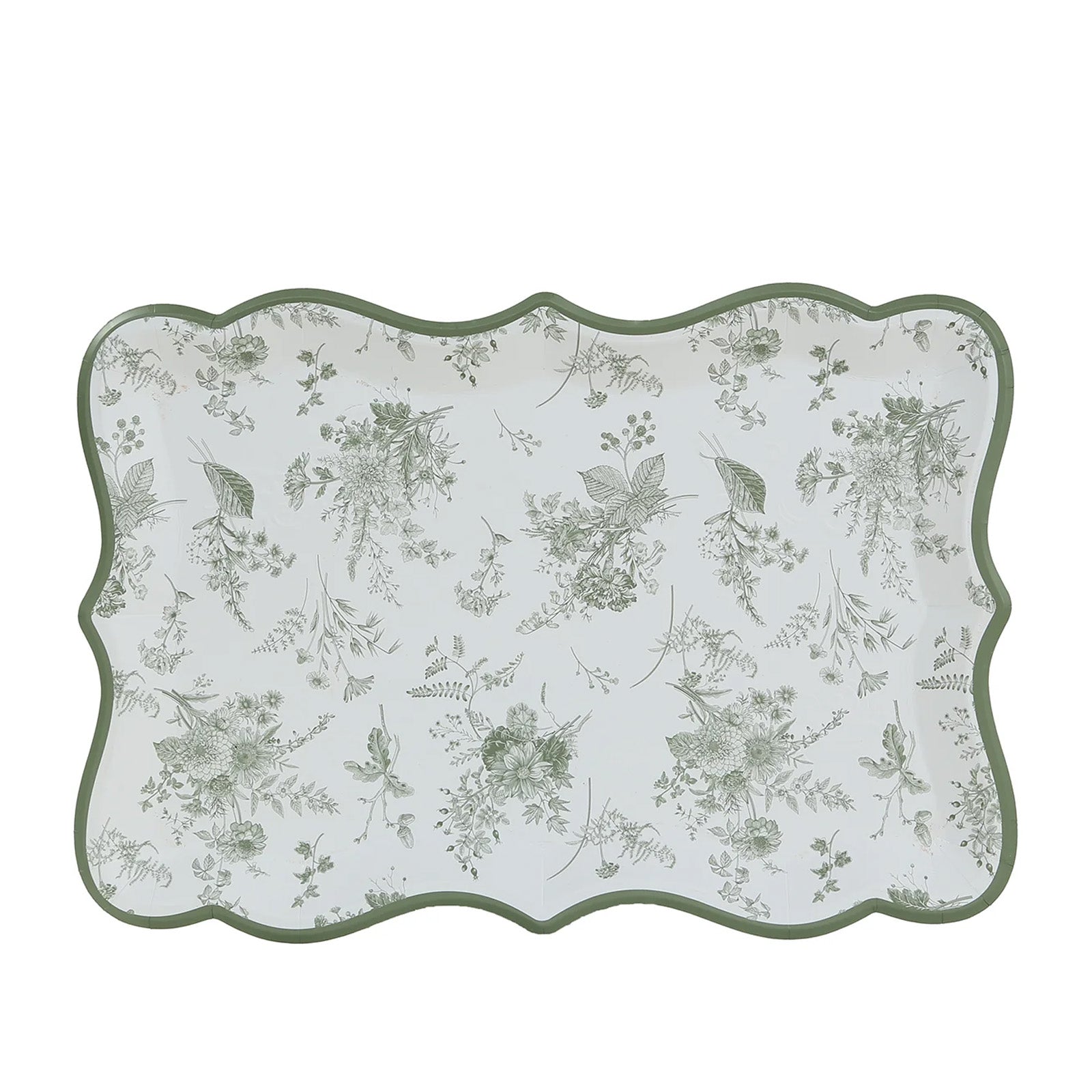 10-Pack Paper 14"x10" Rectangle Serving Trays White/Sage Green with French Toile Pattern for Weddings & Parties