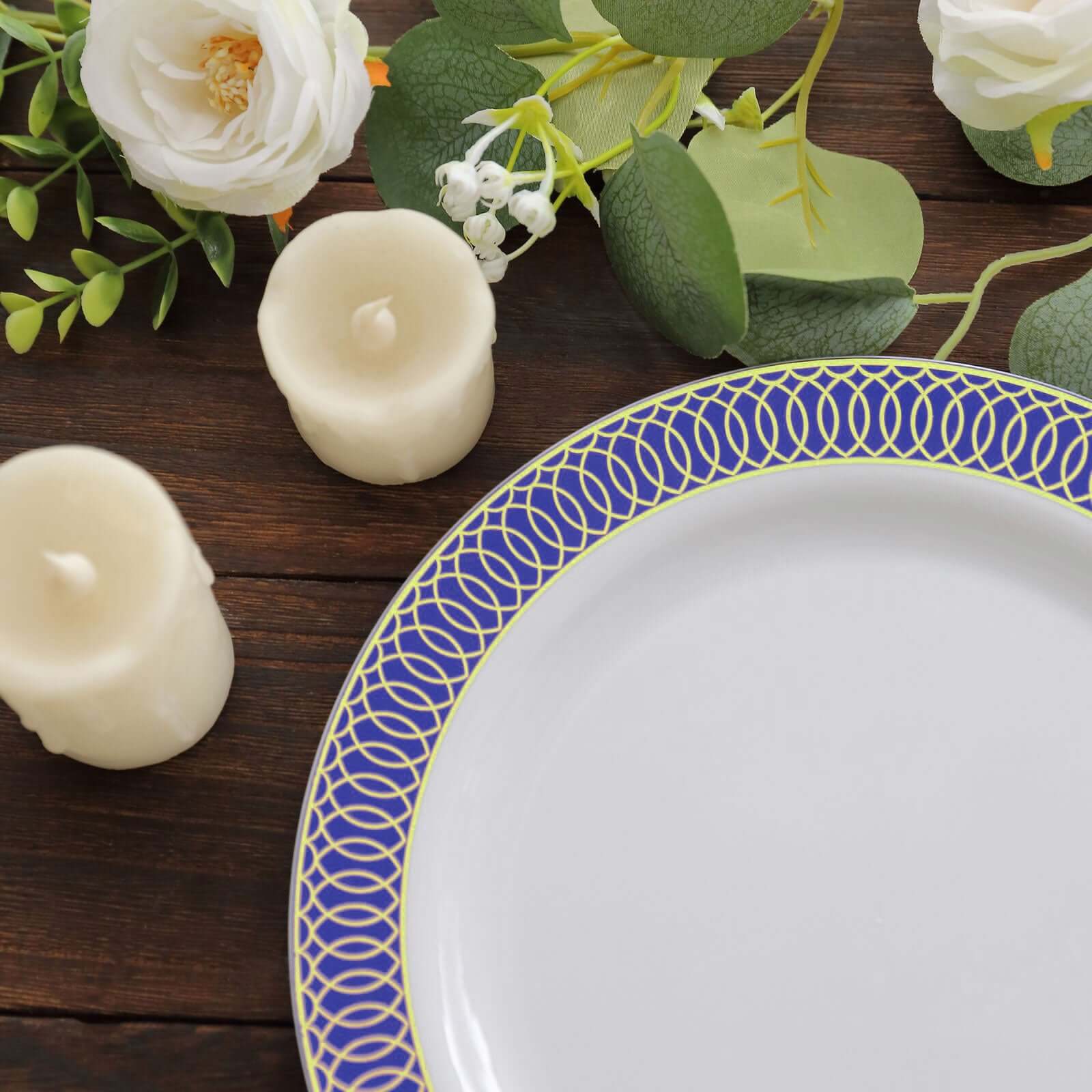 10-Pack Plastic Round Dinner Plates 10" White with Navy Blue Gold Spiral Rim - Chic Disposable Party Plates