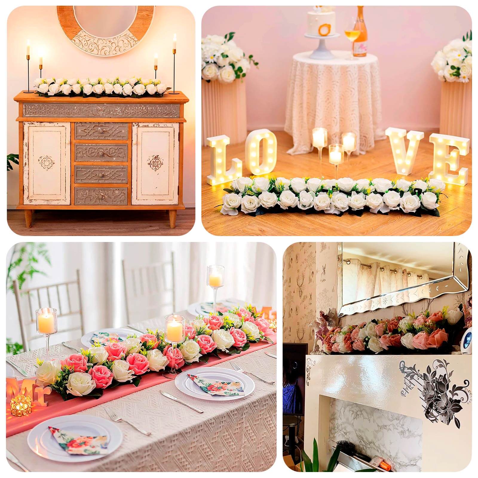 6 Pack White Royal Blue Silk Rose Flower Panel Table Runner, Artificial Floral Arrangements Wedding Table Centerpiece - 20"x8"