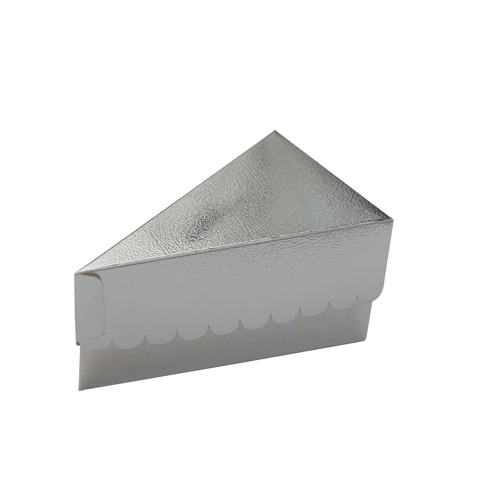 10-Pack Cardstock Triangle Cake Slice Boxes Metallic Silver with Scalloped Top - Decorative Takeaway Dessert Containers for Pie Snacks & Party Favors 5"x3"