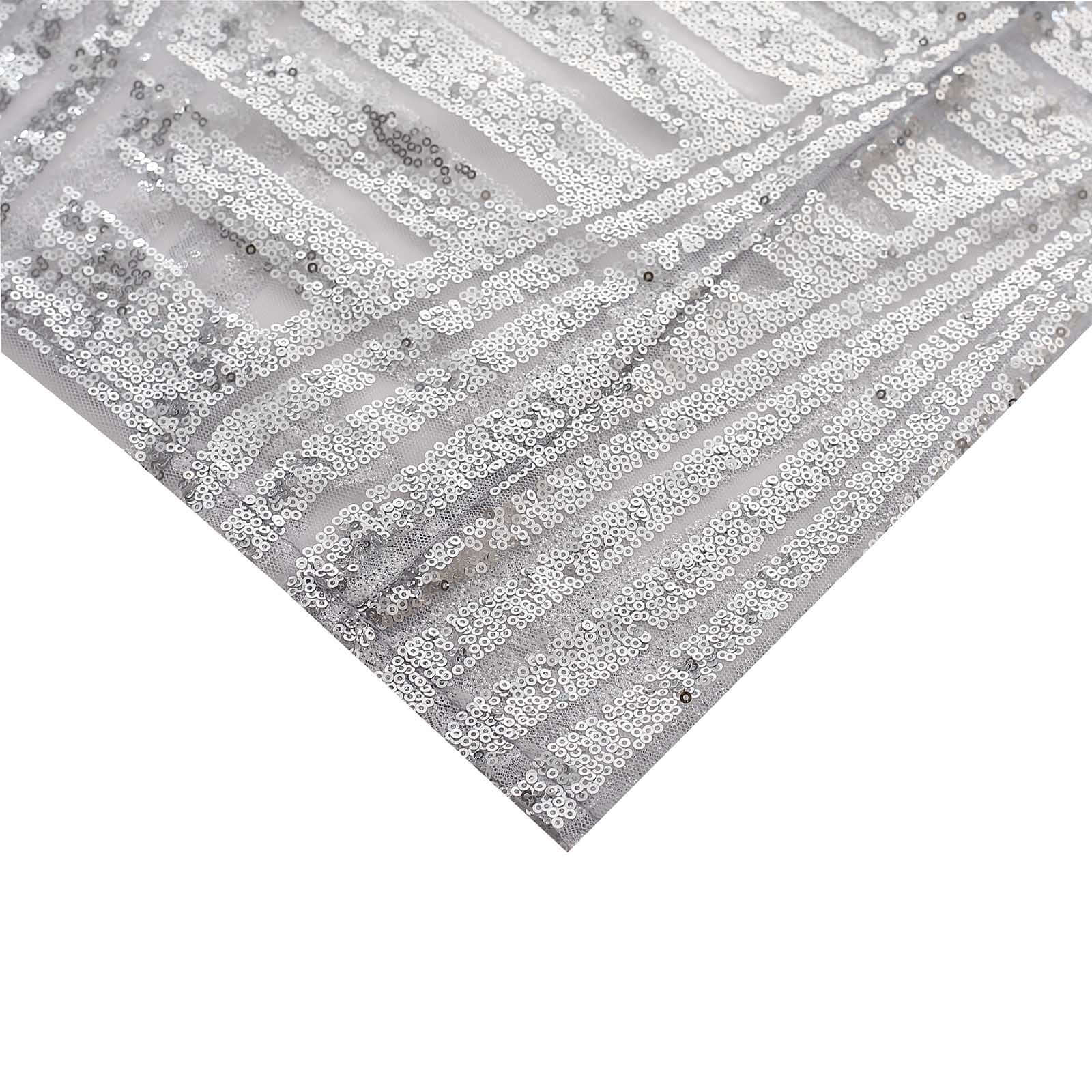 Set of 5 Silver Sequin Mesh Cylinder Pedestal Stand Covers with Geometric Pattern Embroidery, Sparkly Sheer Tulle Pillar Prop Covers