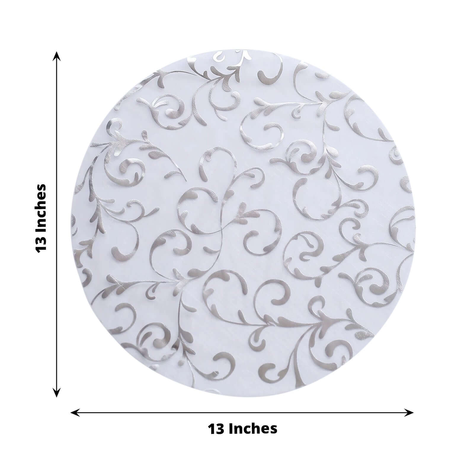 10-Pack Table Placemats Embossed Foil Flower Design Metallic Silver Round - Sheer Organza Disposable Mats 13"