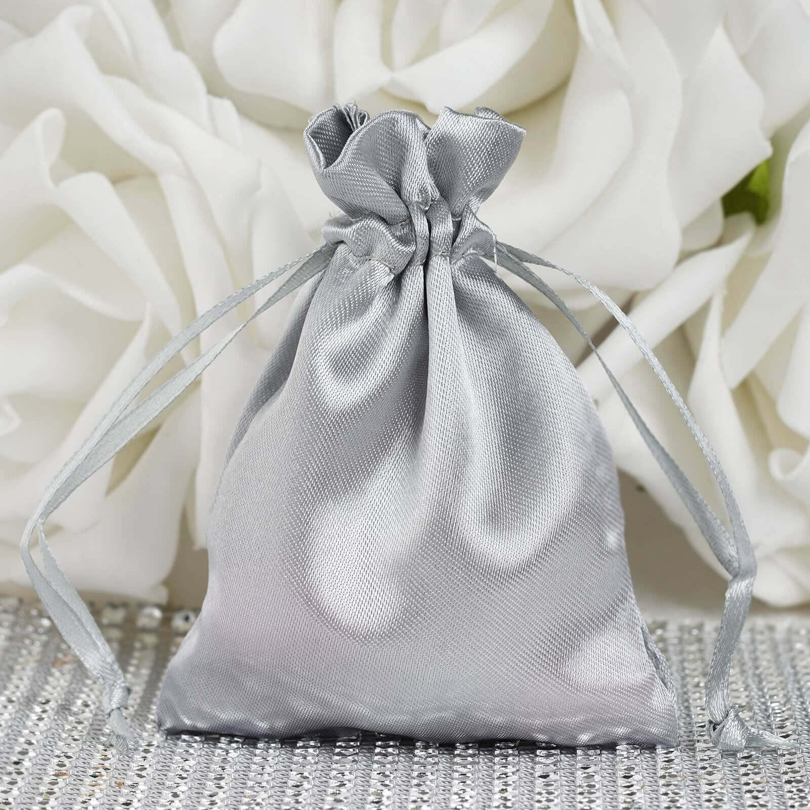 12 Pack 3"x4" Silver Satin Drawstring Wedding Party Favor Gift Bags
