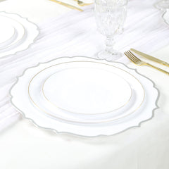 10-Pack Economy Plastic Round Charger Plates 13" in White with Silver Scalloped Rim, Decorative Dinner Party Serving Plates