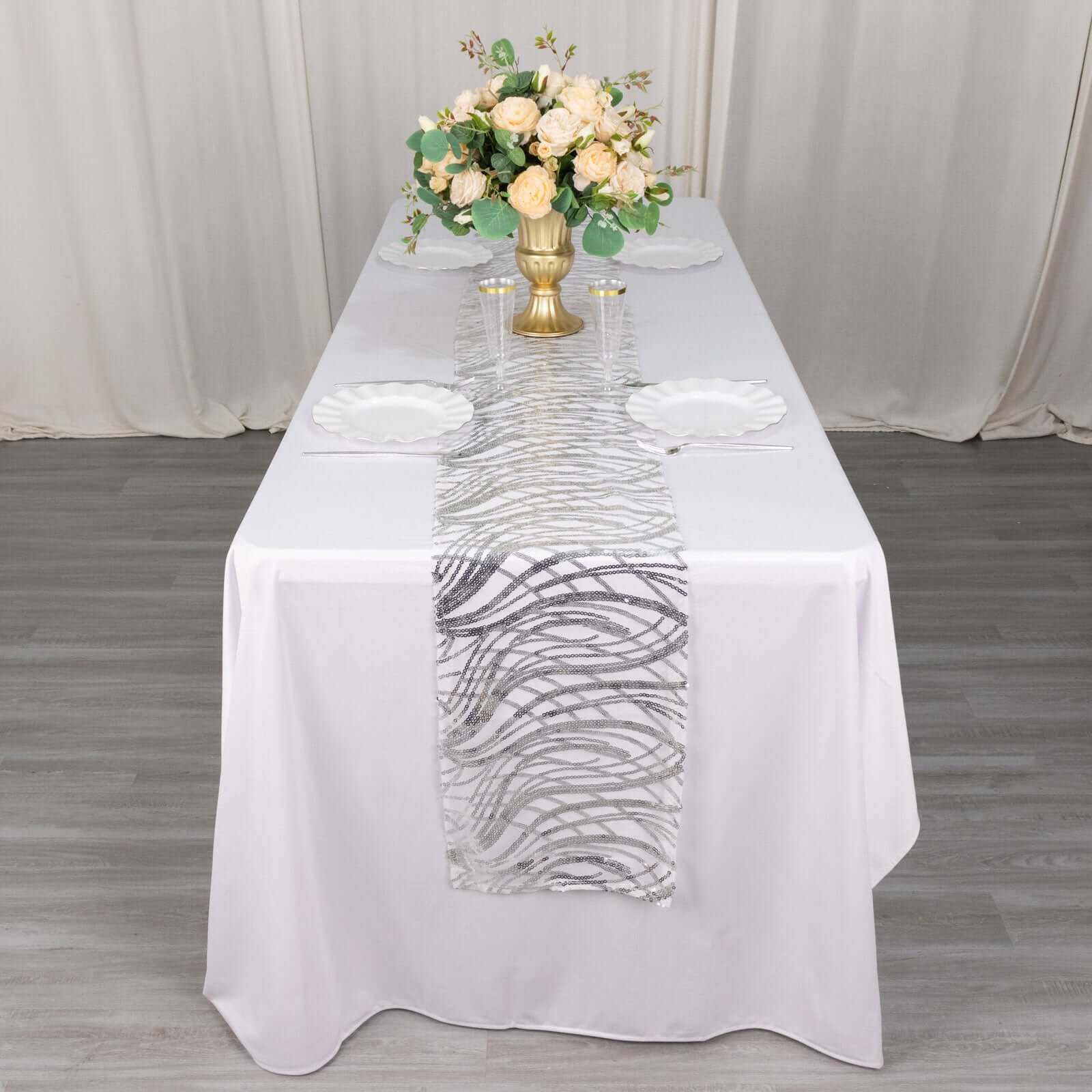 Sequin Mesh 12"x108" Table Runner Silver Stylish Wave Embroidery