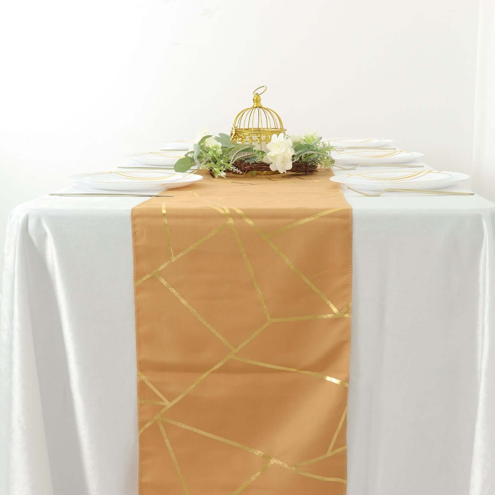 Polyester 9ft Table Runner Gold with Gold Foil Geometric Pattern - Modern & Stylish Table Decor
