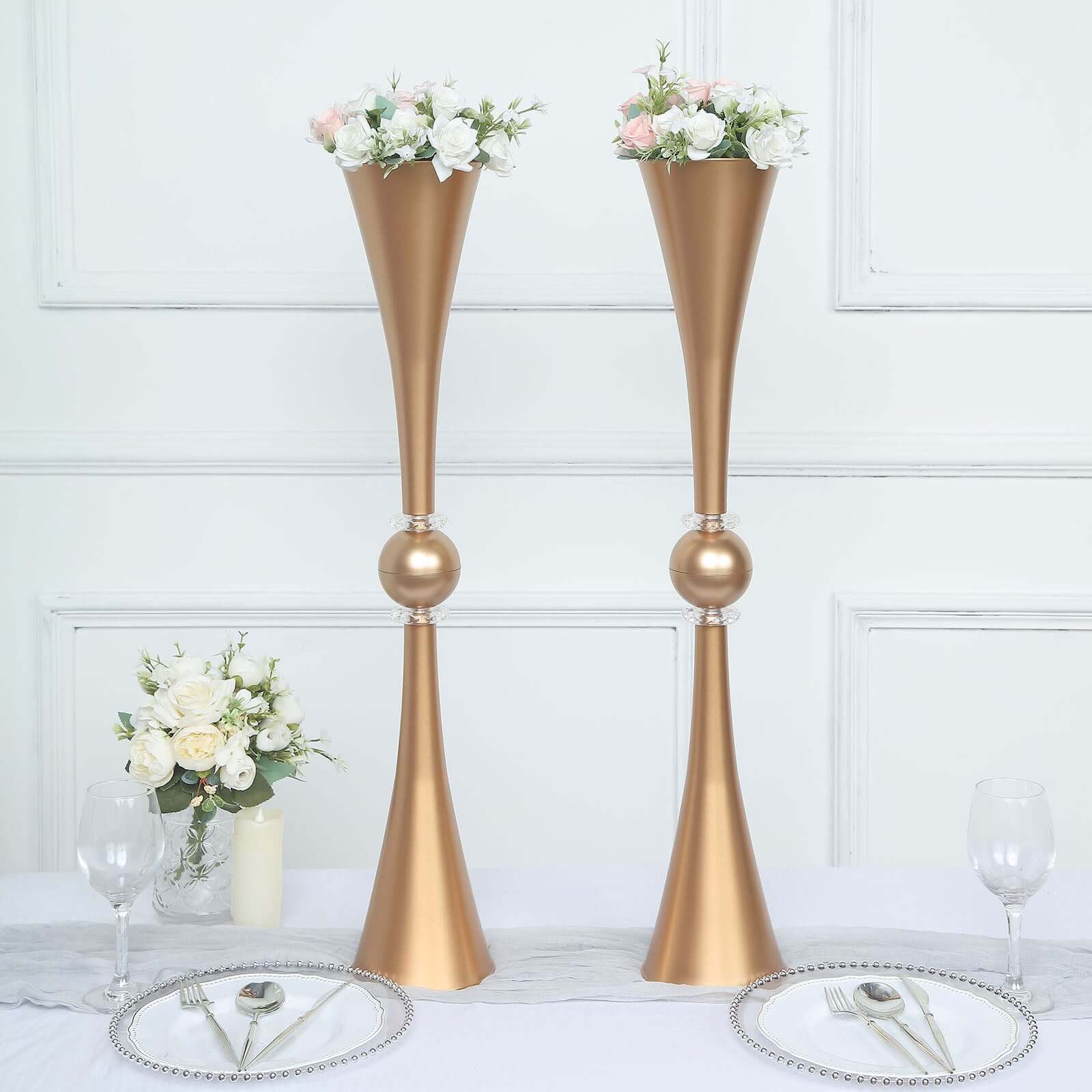 2 Pack 31" Shiny Gold Crystal Embellishment Trumpet Flower Vase, Reversible Plastic Table Centerpiece