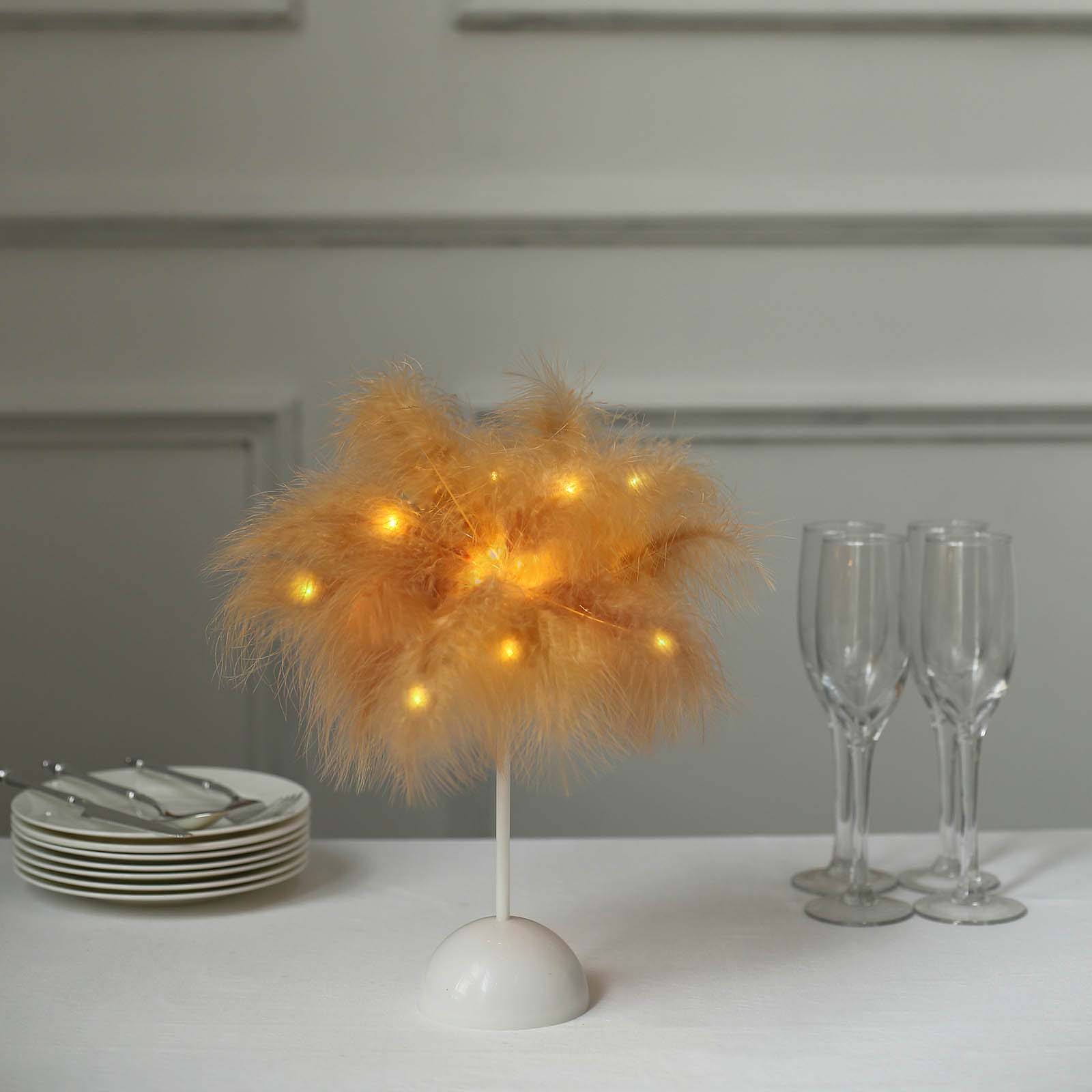 Table Lamp Feather Design Natural LED Battery Operated - Cordless Wedding Centerpiece 15"