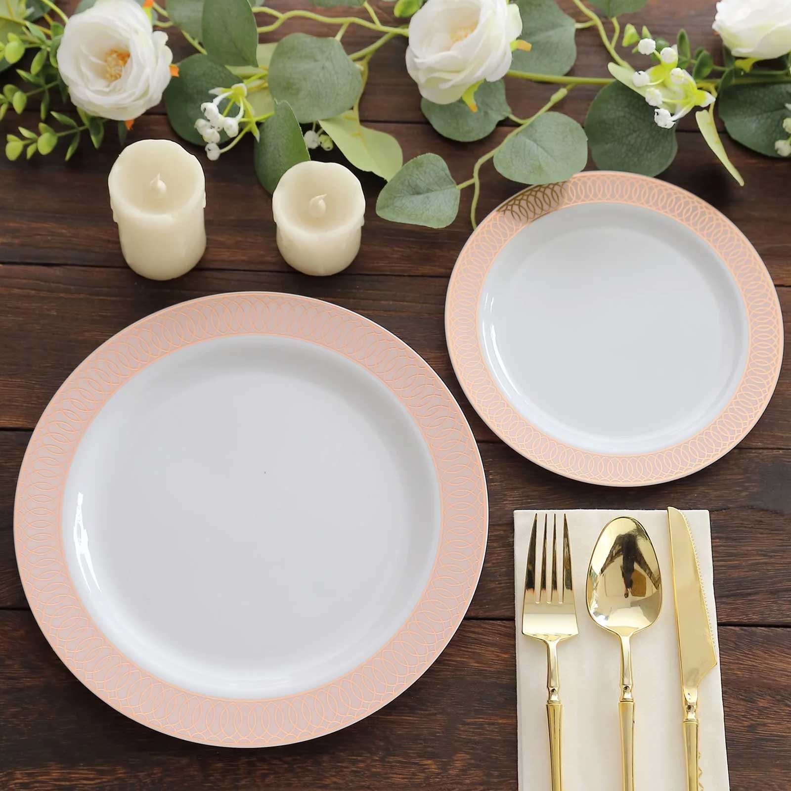 10-Pack Plastic Round Dinner Plates 10" White with Blush Rose Gold Spiral Rim - Chic Disposable Party Plates