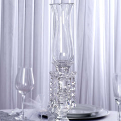 Crystal Glass Hurricane Candle Taper Candlestick Holder, Decorative Piece With Chandelier Chains 20"