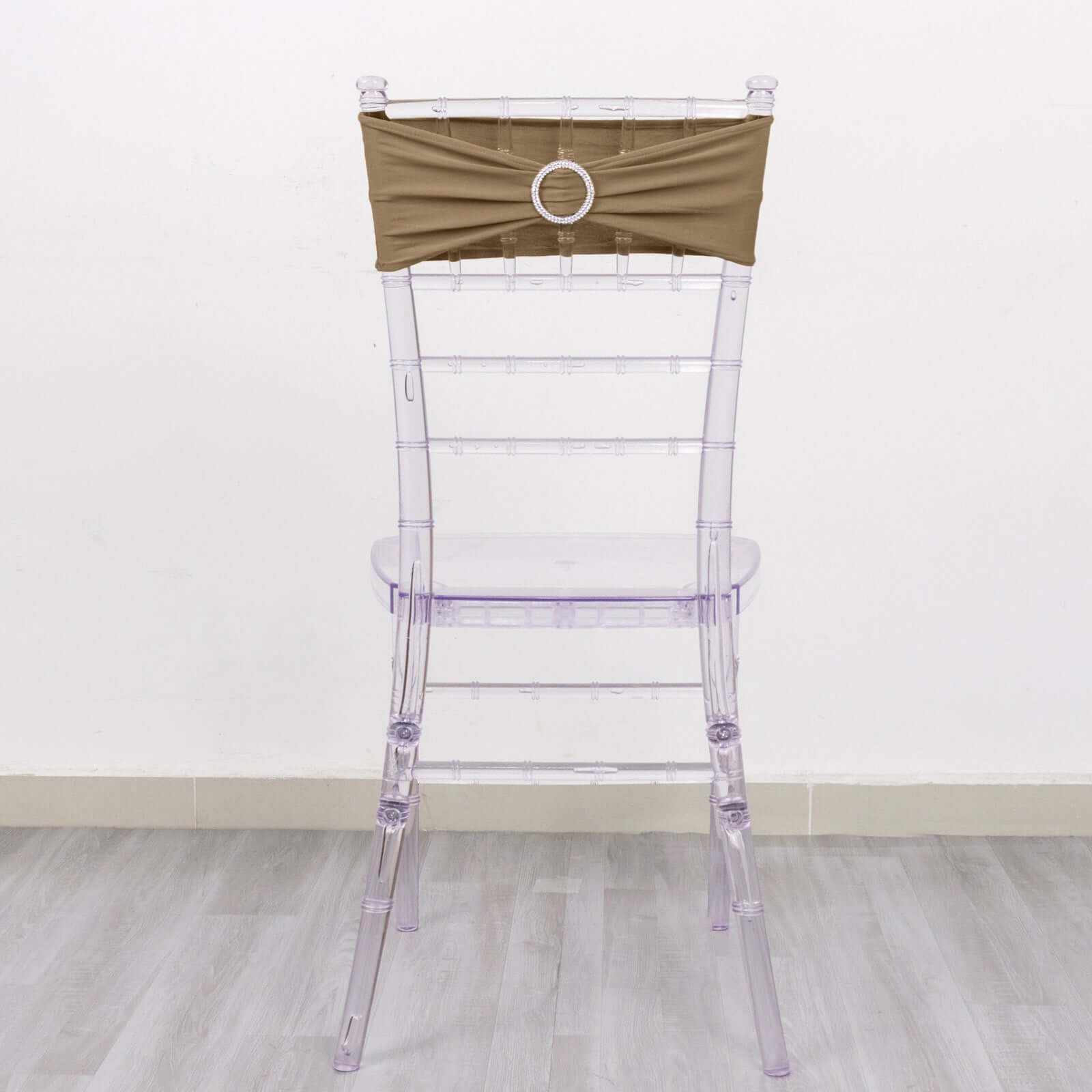 5 Pack Stretch Spandex Chair Sashes Taupe - Reusable Chair Bands with Silver Diamond Ring Slide Buckle 5"x14"