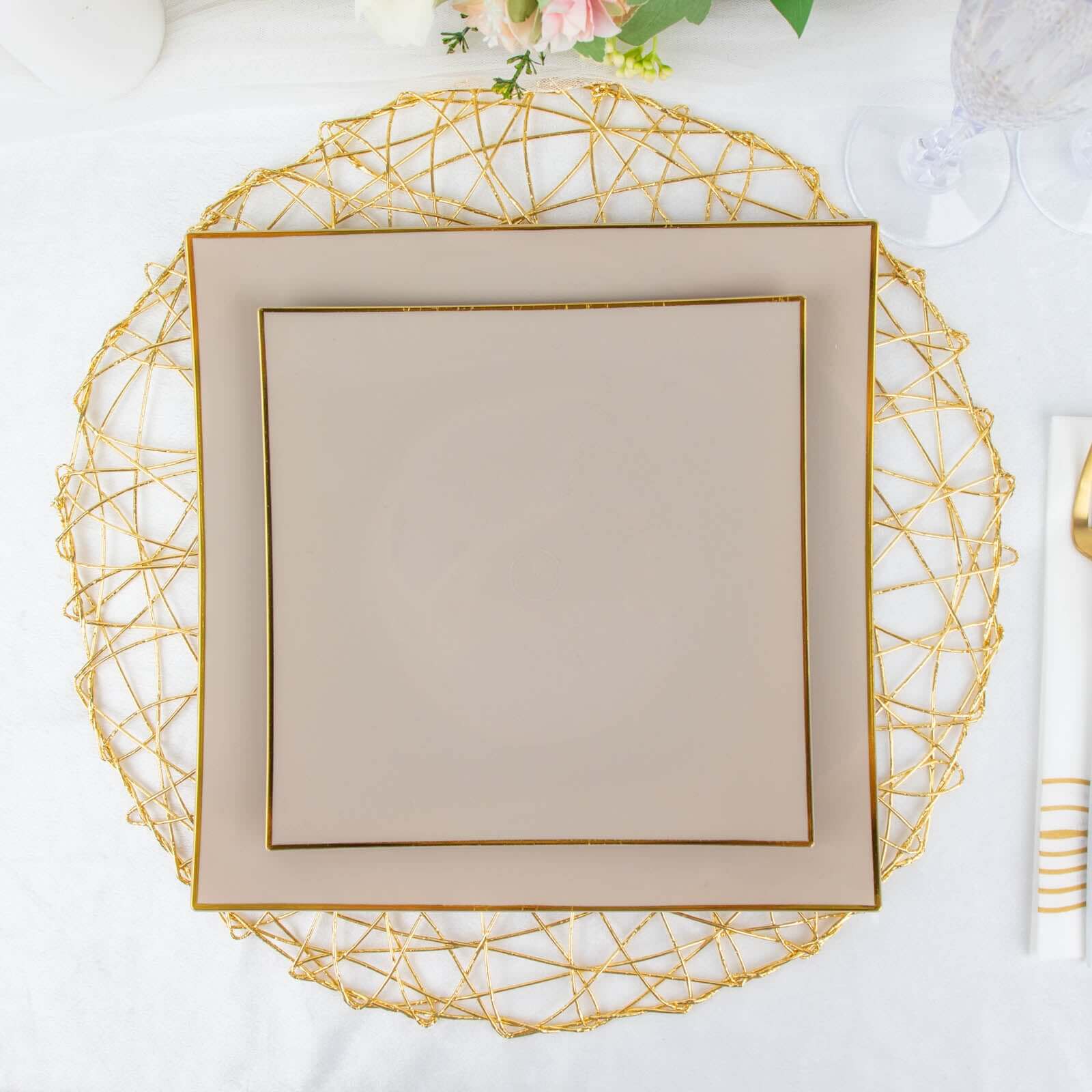 10-Pack Plastic 10" Square Dinner Plates in Taupe Concave Style with Gold Rim - Modern Disposable Party Plates