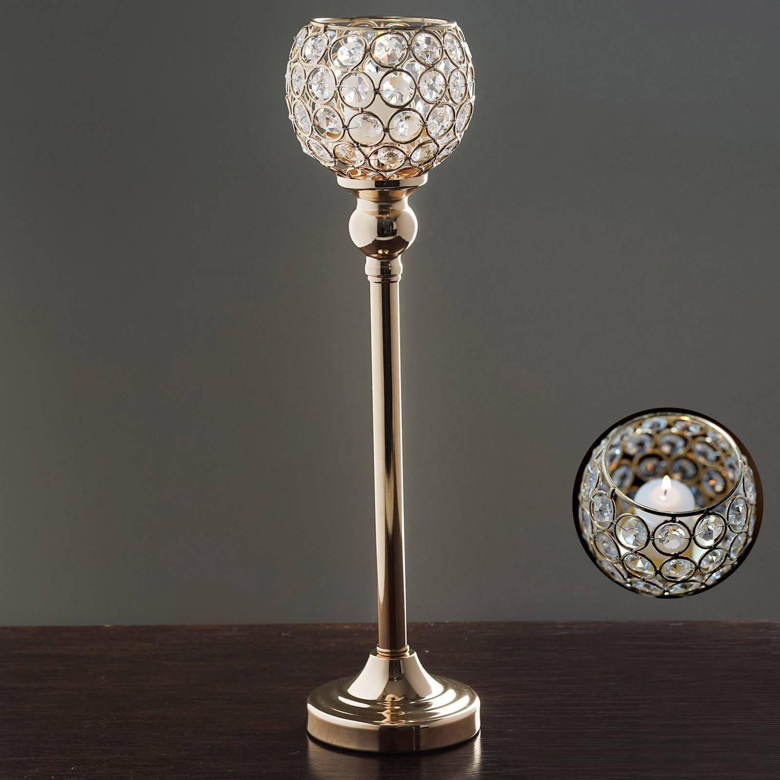 Crystal Votive Pillar Holder Metal 16" Gold - Chic Round Tealight Stand for Events