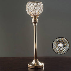 Crystal Votive Pillar Holder Metal 16" Gold - Chic Round Tealight Stand for Events