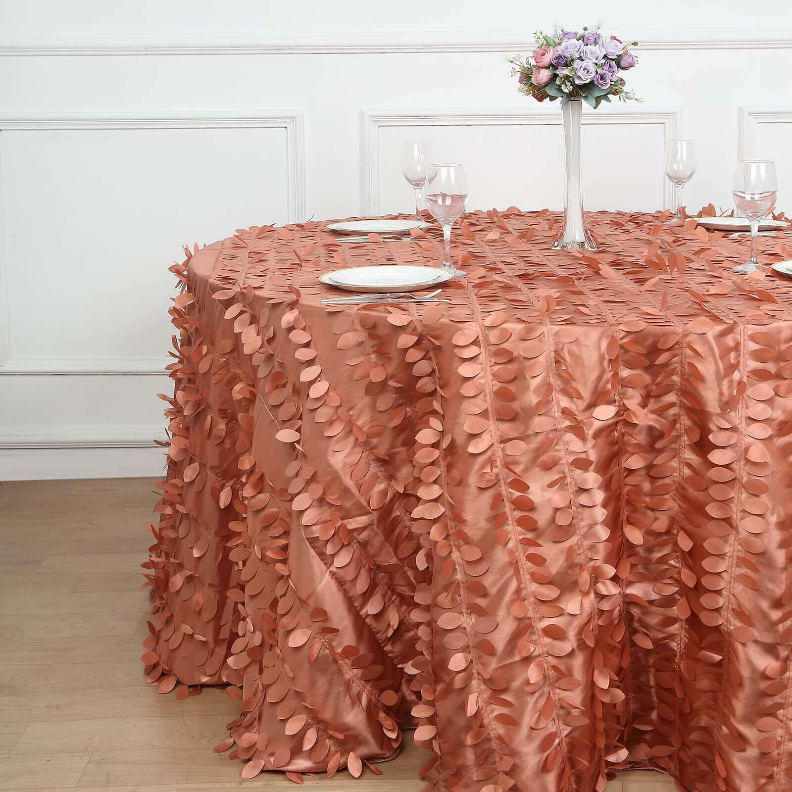 Taffeta 132" Round Tablecloth Terracotta (Rust) | 3D Leaf Petal Design Seamless Table Cover