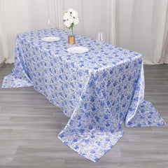 Satin Rectangular 90"x132" Tablecloth White/Blue French Toile Design - Seamless Stylish & Wrinkle-Resistant Table Cover
