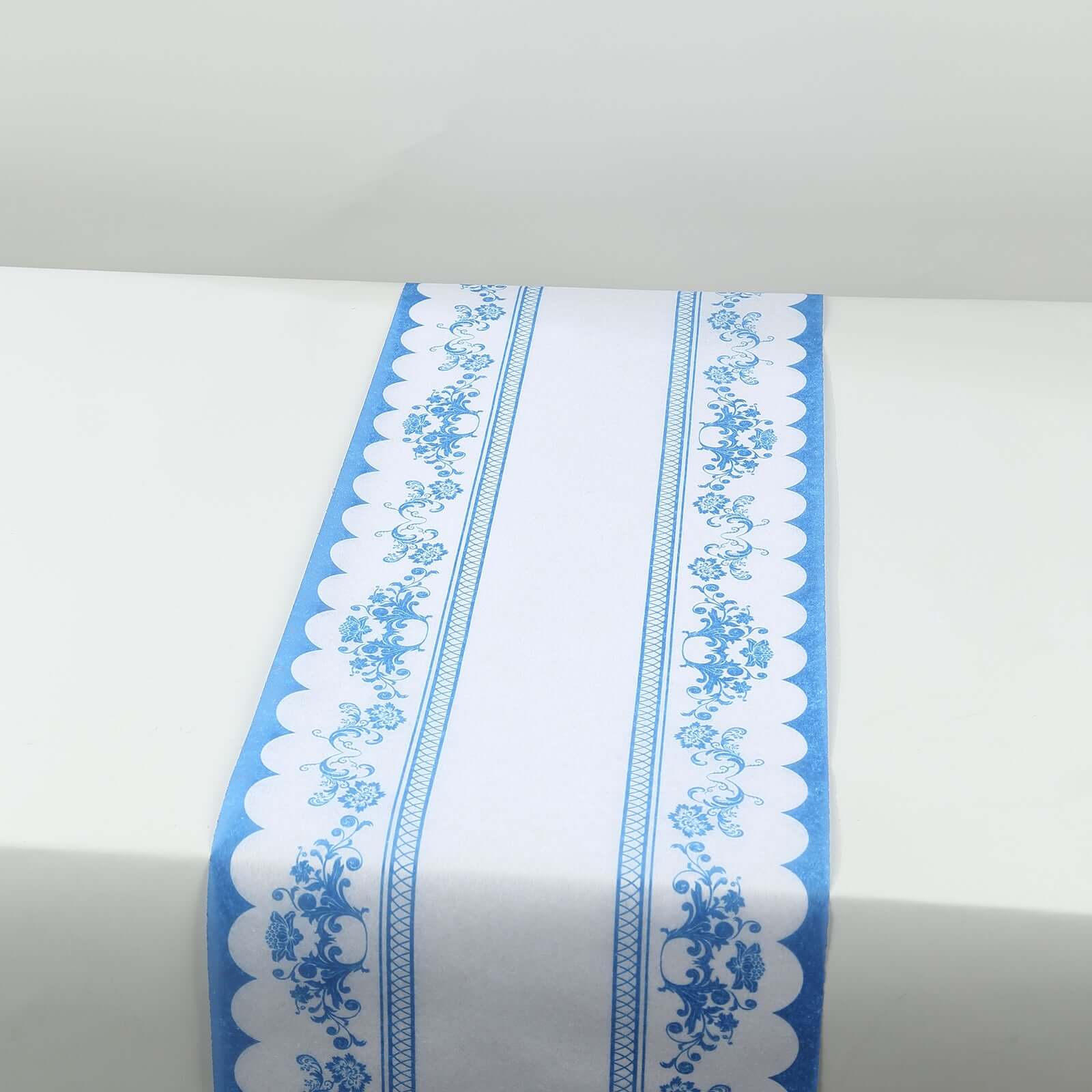 5 Pack Disposable Table Runners 11"x108" White with Blue Ornate Floral Prints - Non-woven Stylish Kitchen Dining Table Decor