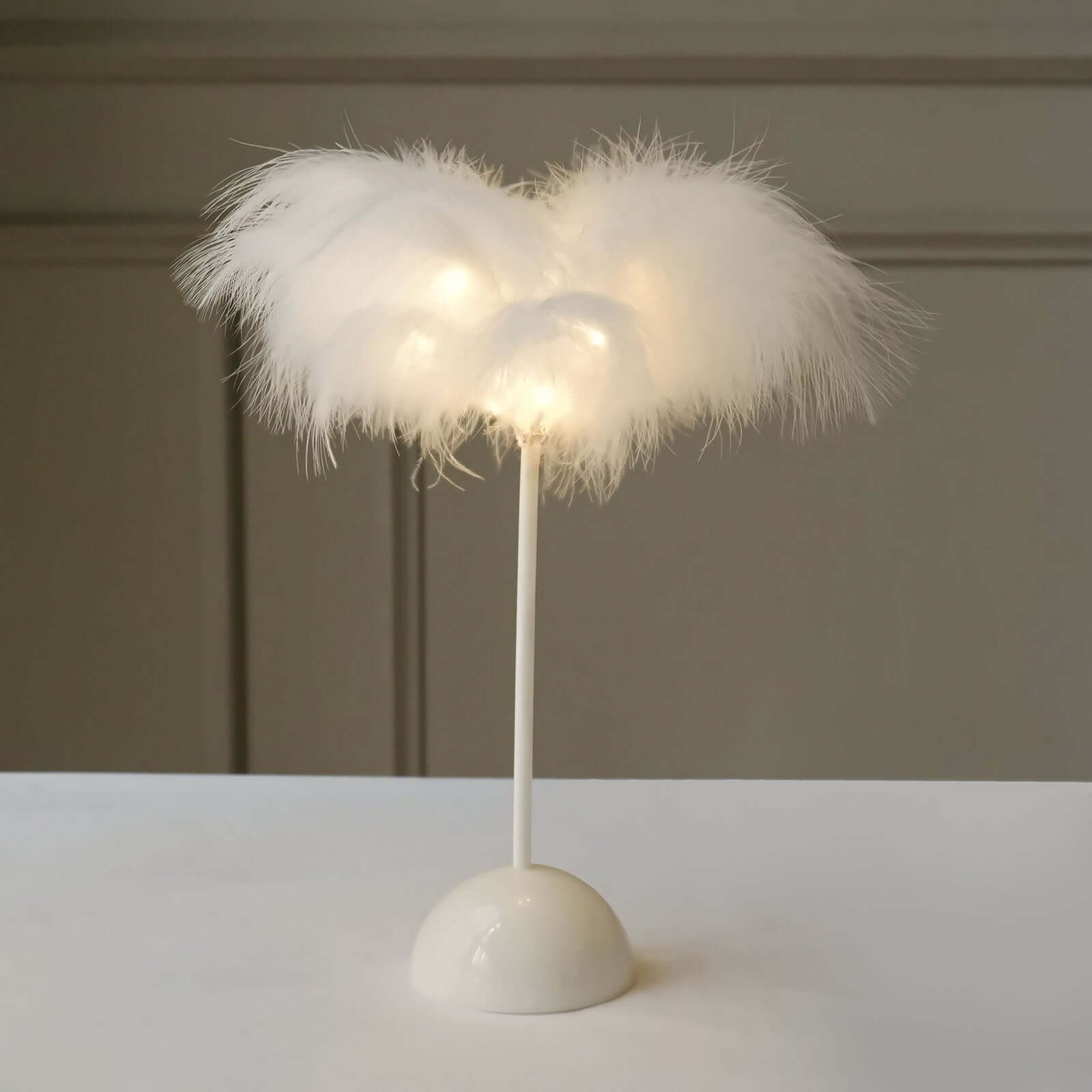 Table Lamp Feather Design White LED Battery Operated - Cordless Wedding Centerpiece 15"