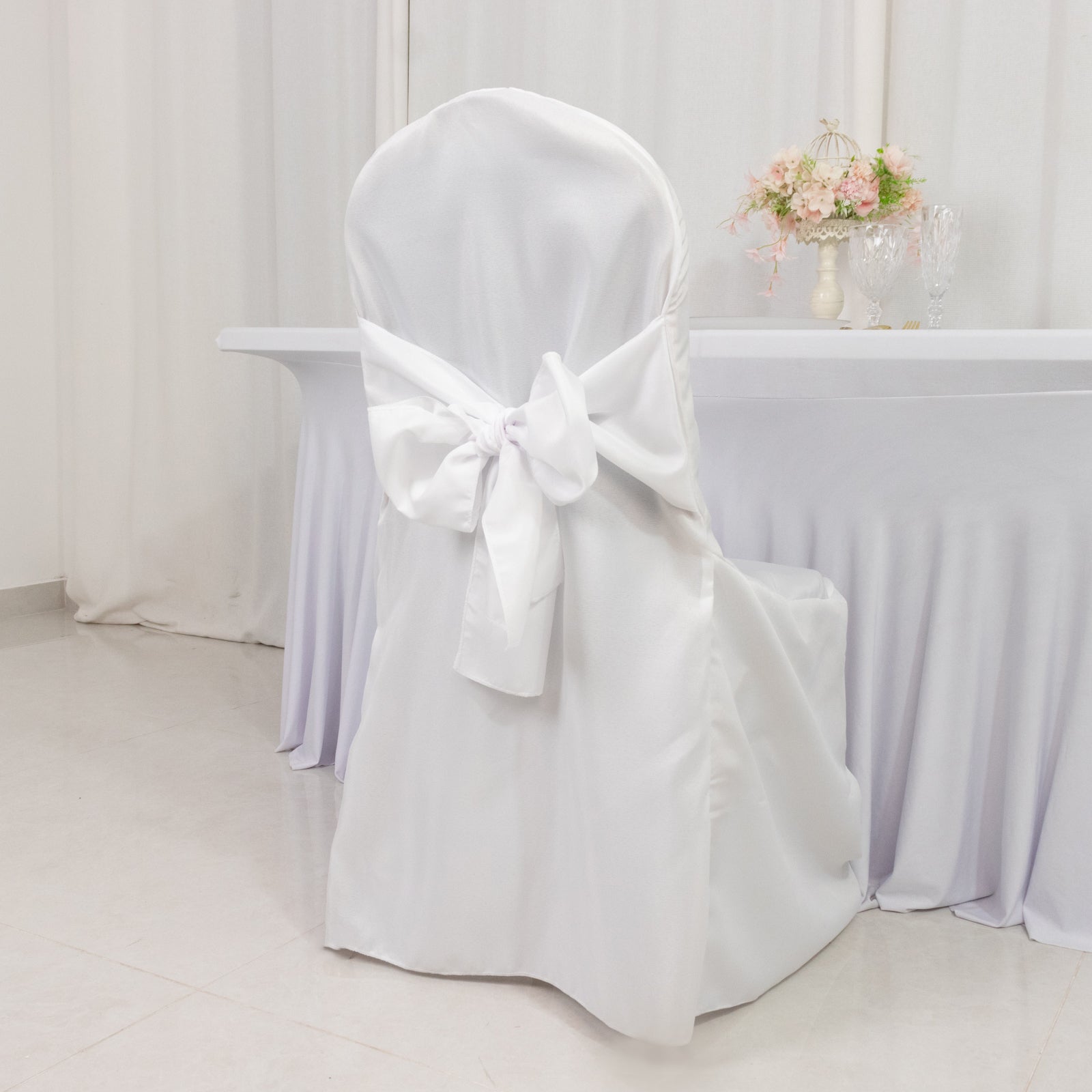 10-Pack Polyester Slip-On Banquet Chair Covers with Attached Sashes – White Reusable Stain-Resistant Covers for Wedding & Event Decor