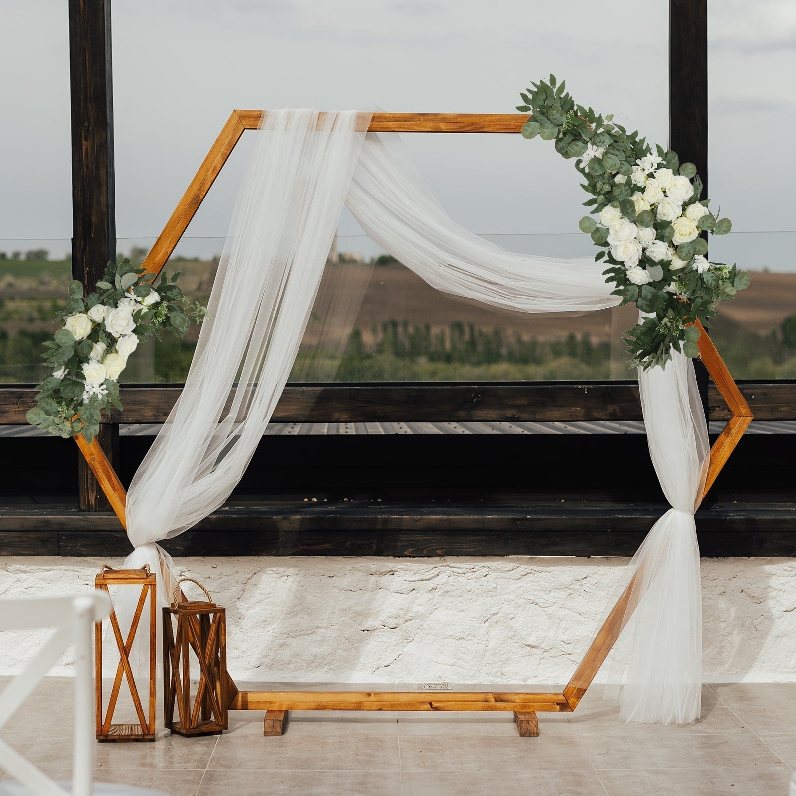 Set of 2 Silk Rose Floral Swag Wedding Arch Flowers in White with Eucalyptus Leaves, Large Artificial Flower Arrangement Garlands - 24",42"