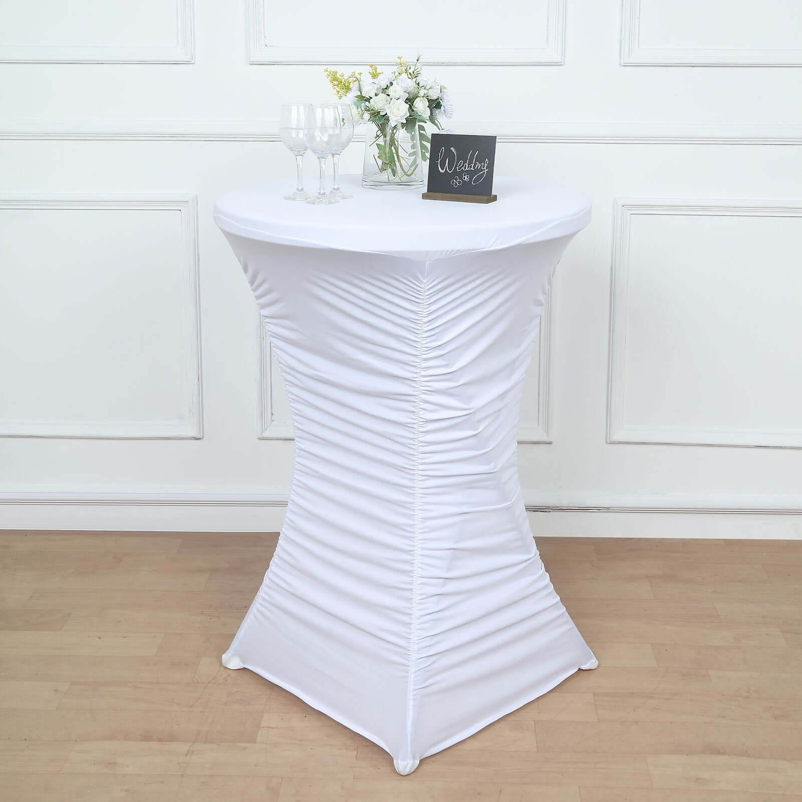 Heavy Duty Spandex 30" Fitted Round Cocktail Table Cover White Ruched Pleated - Durable Stretch Design