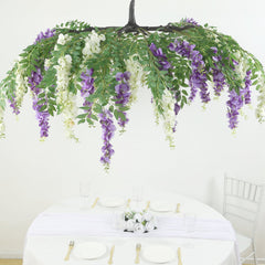 55" Cream Purple Artificial Silk Wisteria Vine Round Hanging Canopy, Draping Garland Flower Chandelier With Interchangeable Branches