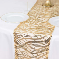 Sequin Mesh 12"x108" Table Runner Champagne Stylish Wave Embroidery