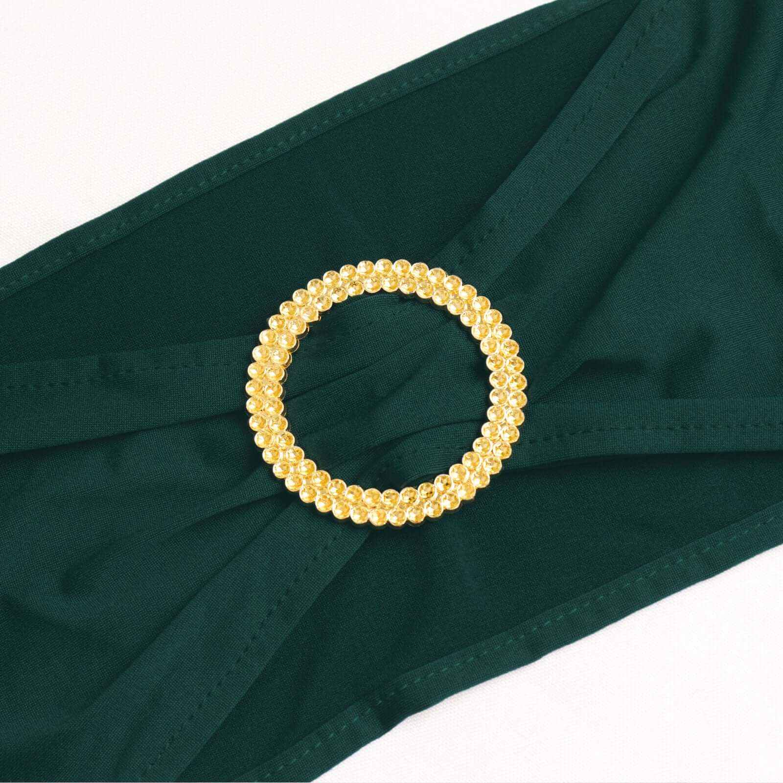 5 Pack Spandex Chair Sashes Hunter Emerald Green with Gold Rhinestone Buckles - Reusable Four-Way Stretch Sash Bands 5"x14"
