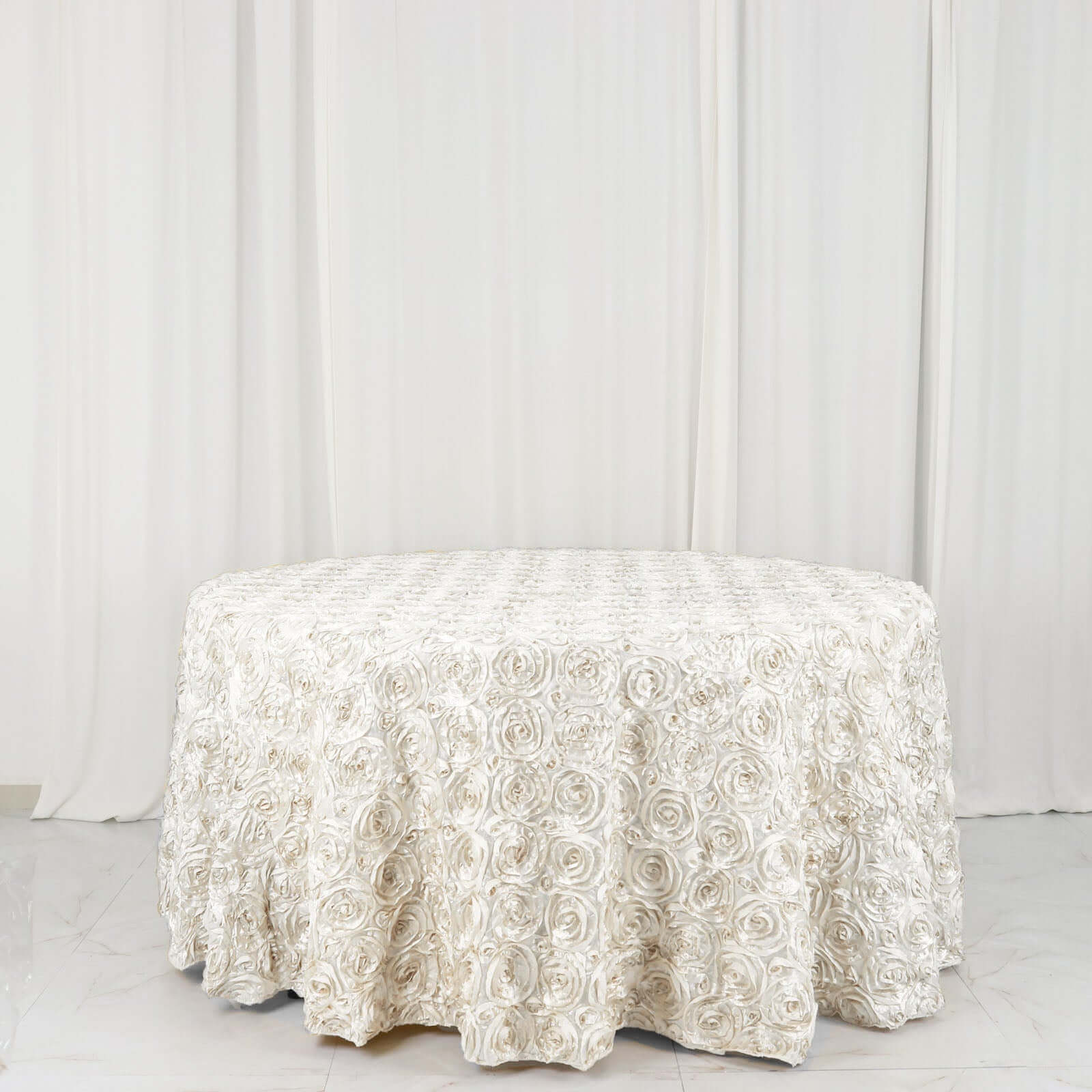 Satin 120" Round Tablecloth Ivory - Grandiose 3D Rosette with Seamless Finish Table Cover