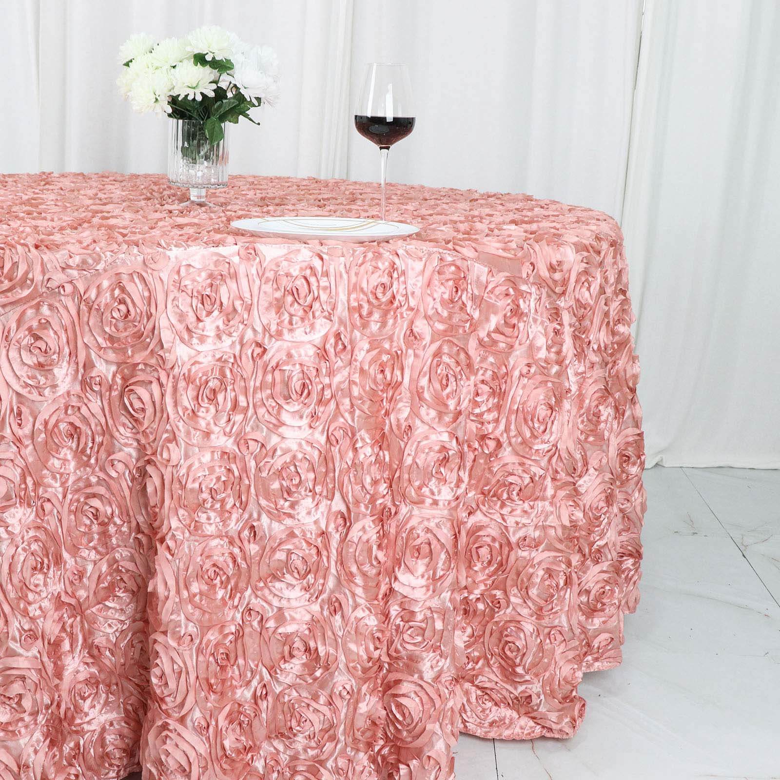 Satin 120" Round Tablecloth Dusty Rose - Grandiose 3D Rosette with Seamless Finish Table Cover