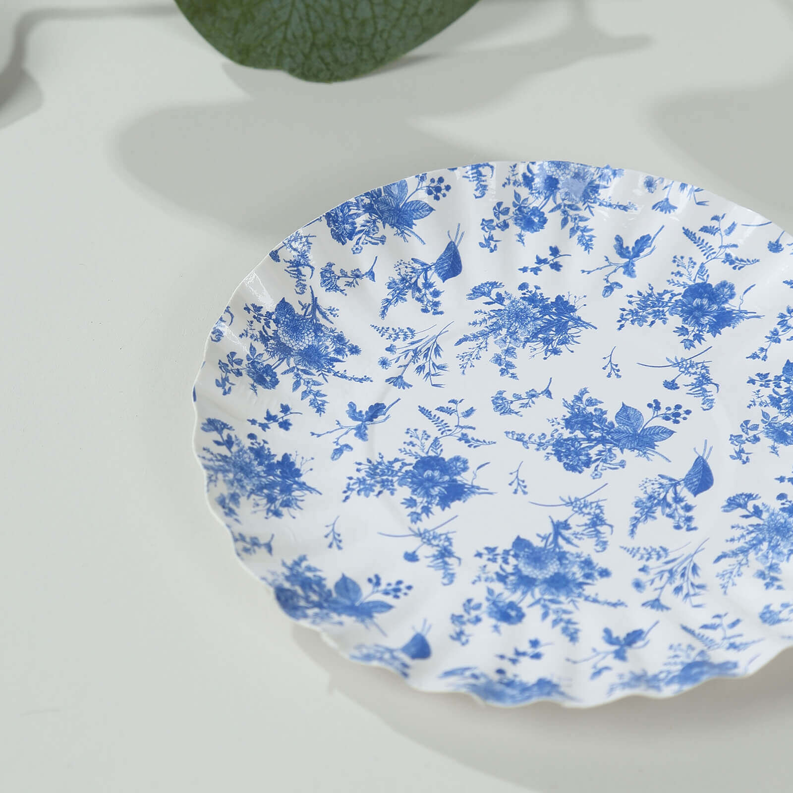 100-Pack Paper 3.5" Round Plates in White with Blue French Toile Design & Scalloped Rim - Disposable Mini 250GSM Dessert Party Plates for Tapas, Appetizers & Finger Foods