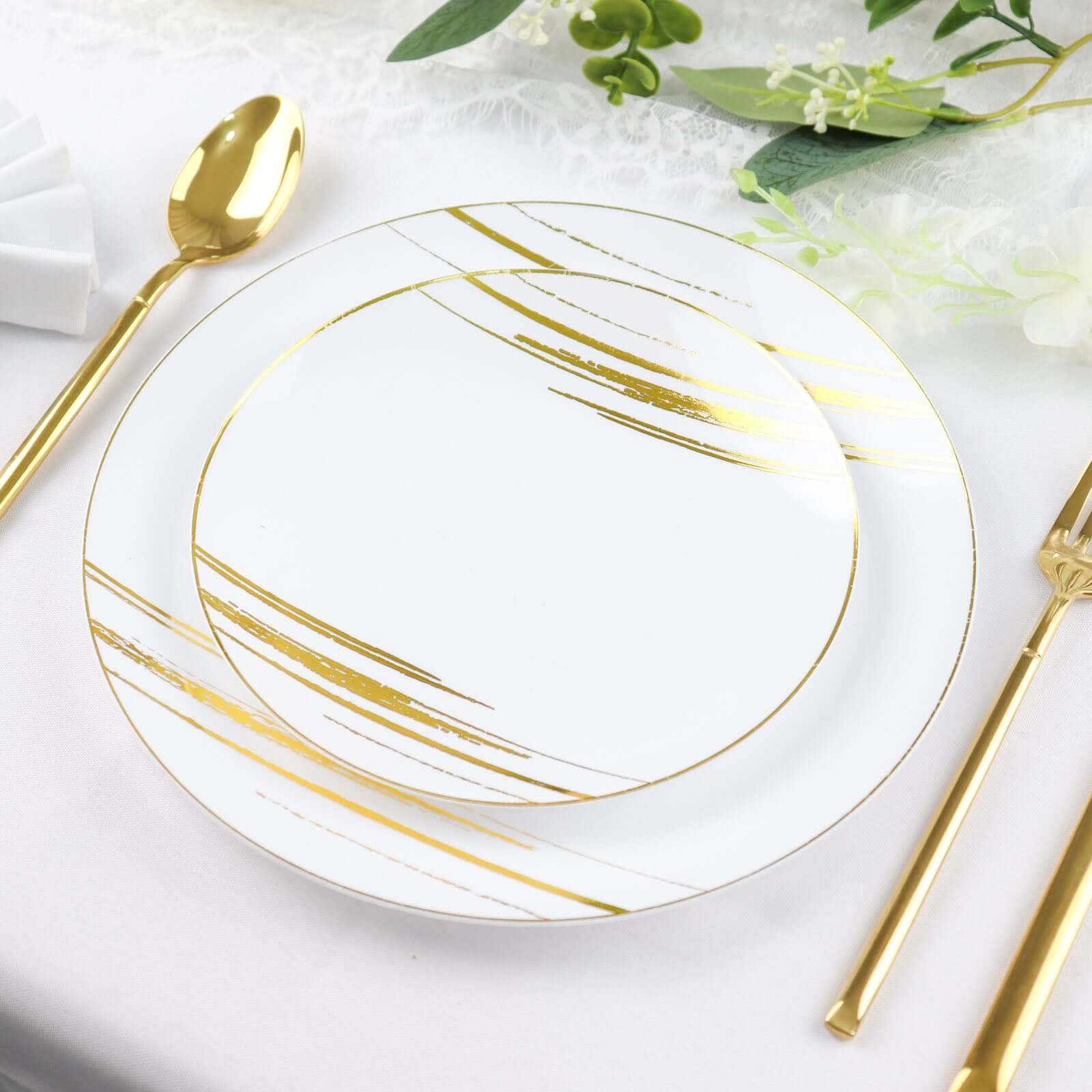 10-Pack Plastic 7" Round Dessert Plates in White with Gold Brush Stroked Print - Disposable Appetizer Salad Plates