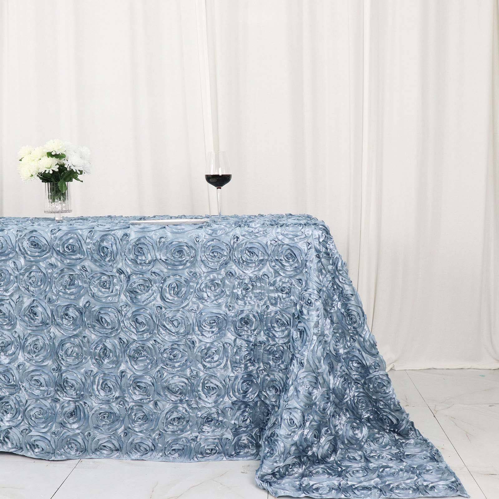 Satin 90"x132" Rectangle Tablecloth Dusty Blue - Grandiose 3D Rosette Seamless Table Cover