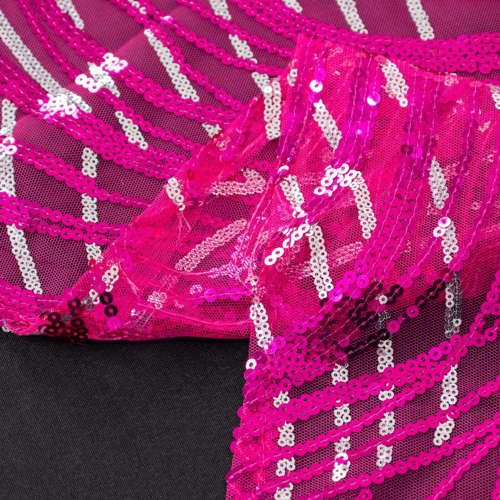 Sequin Mesh 12"x108" Table Runner Fuchsia Stylish Wave Embroidery