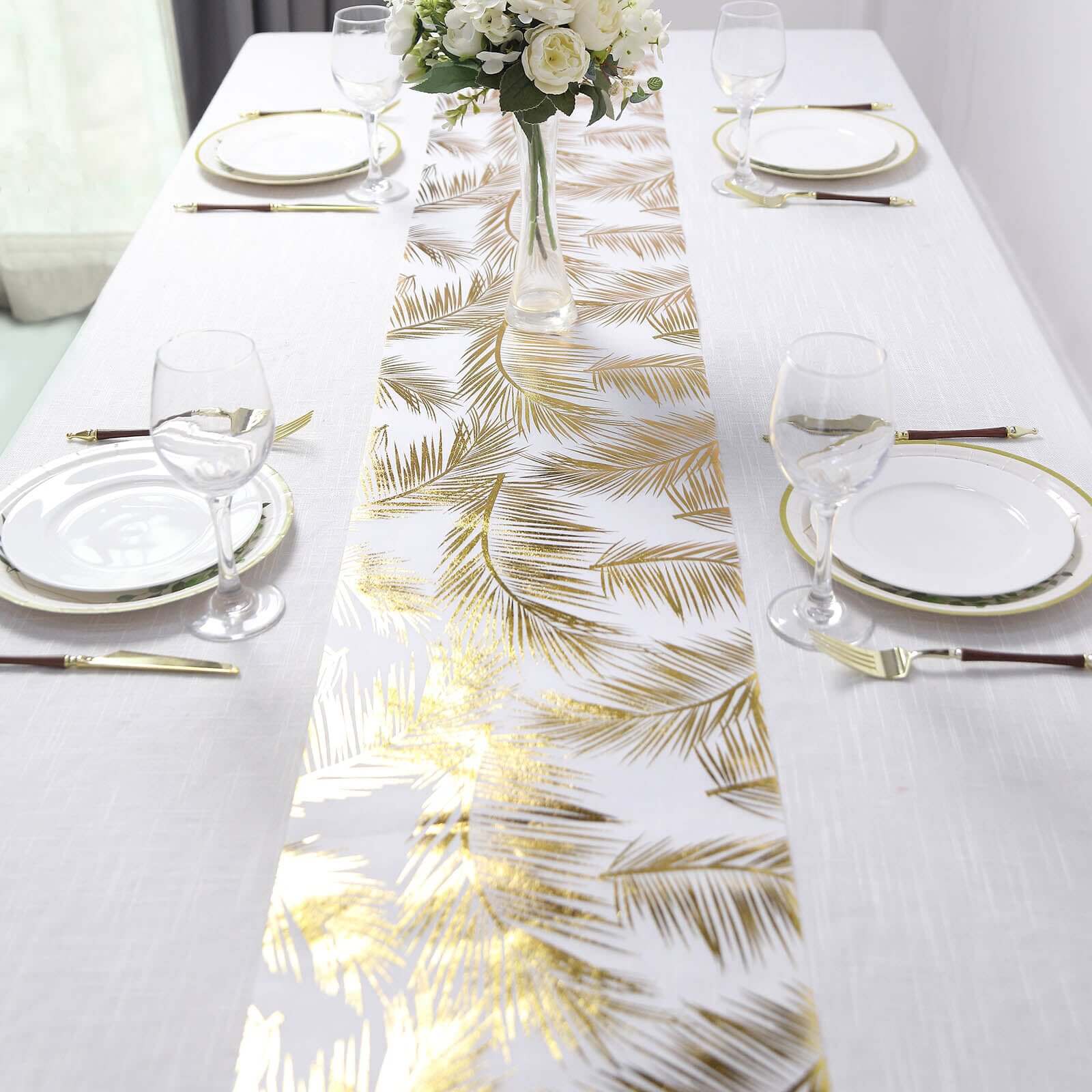 Disposable Table Runner Roll 108" Metallic Gold Foil Palm Leaves Print - Chic Non-Woven Tropical Table Decor for Events