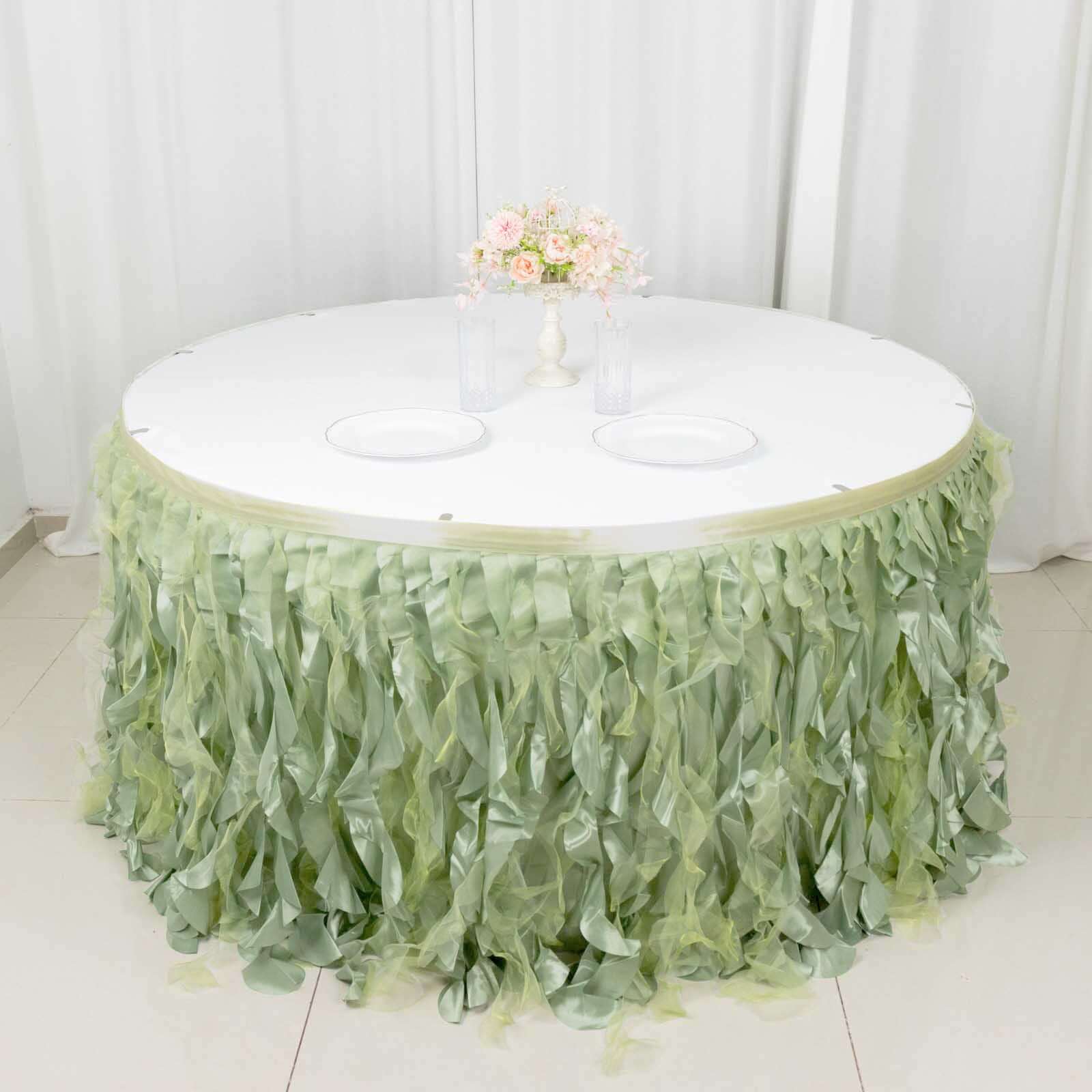 Taffeta 14ft Table Skirt Sage Green - Cascading Curly Willow Style Table Cover