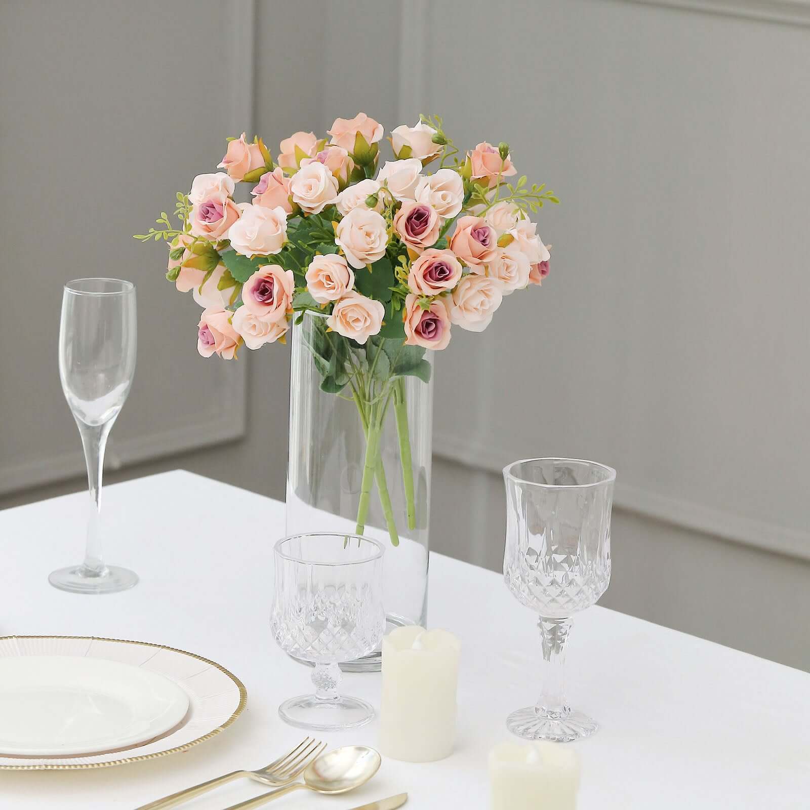 2 Pack 12" Blush Artificial Open Rose Flower Arrangements, Small Faux Floral Bouquets