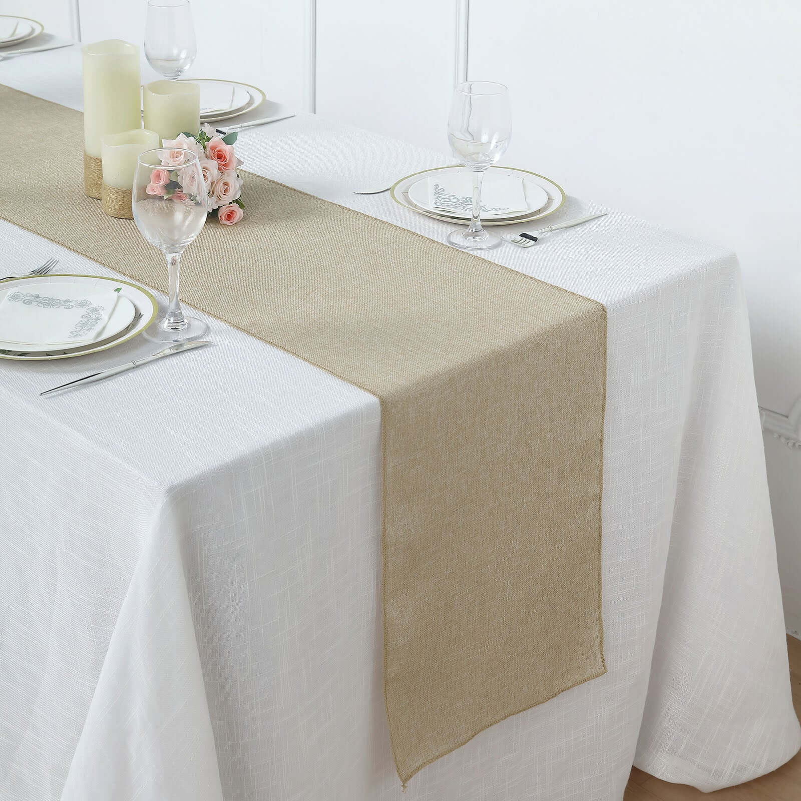 Faux Linen 14"x108" Table Runner Natural - Rustic Style Table Decor