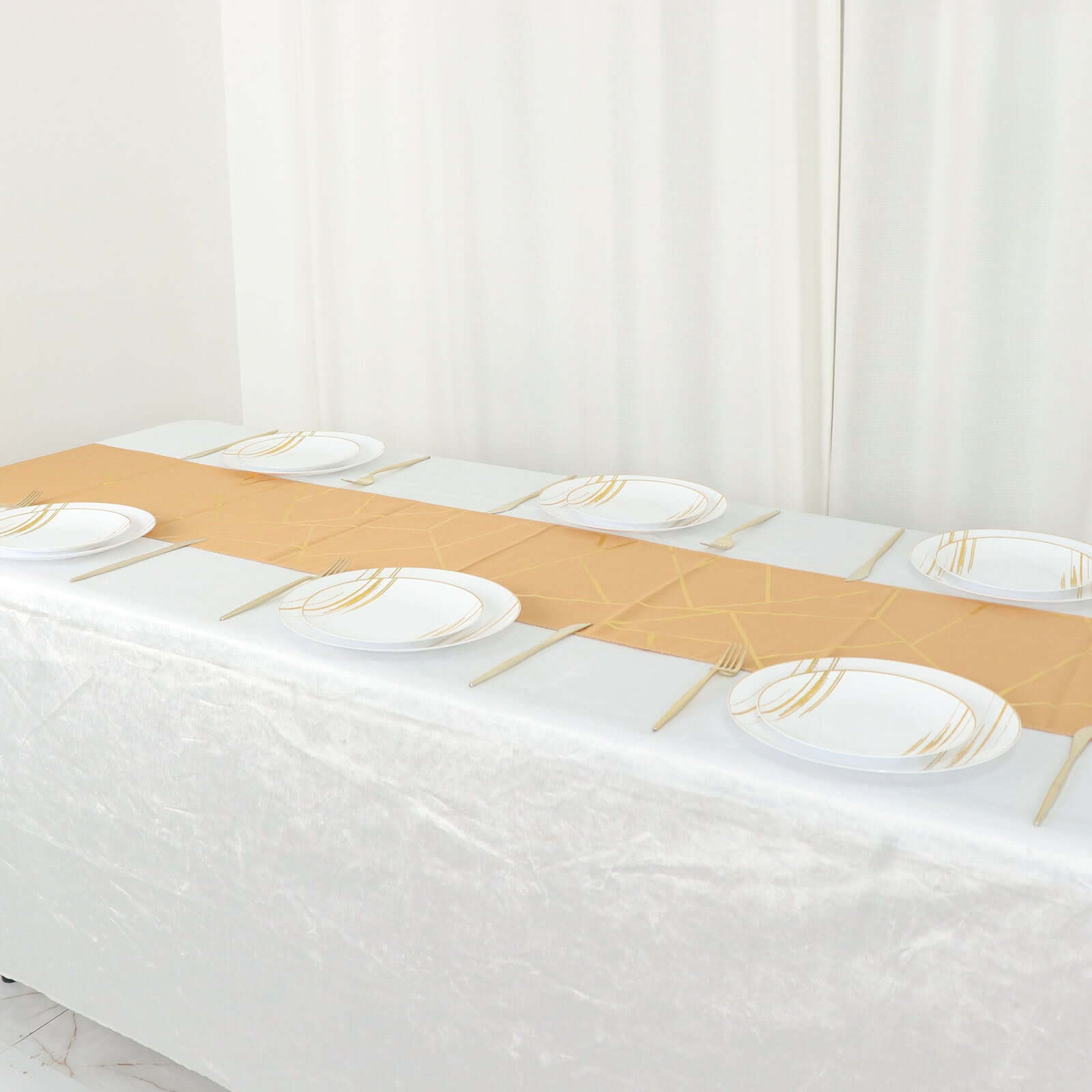 Polyester 9ft Table Runner Gold with Gold Foil Geometric Pattern - Modern & Stylish Table Decor