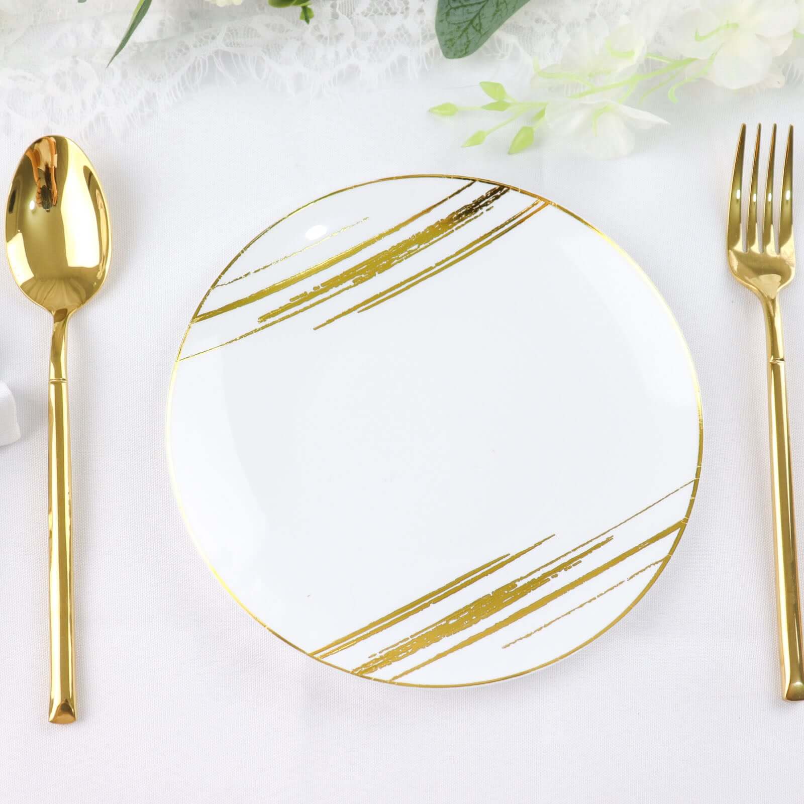10-Pack Plastic 7" Round Dessert Plates in White with Gold Brush Stroked Print - Disposable Appetizer Salad Plates
