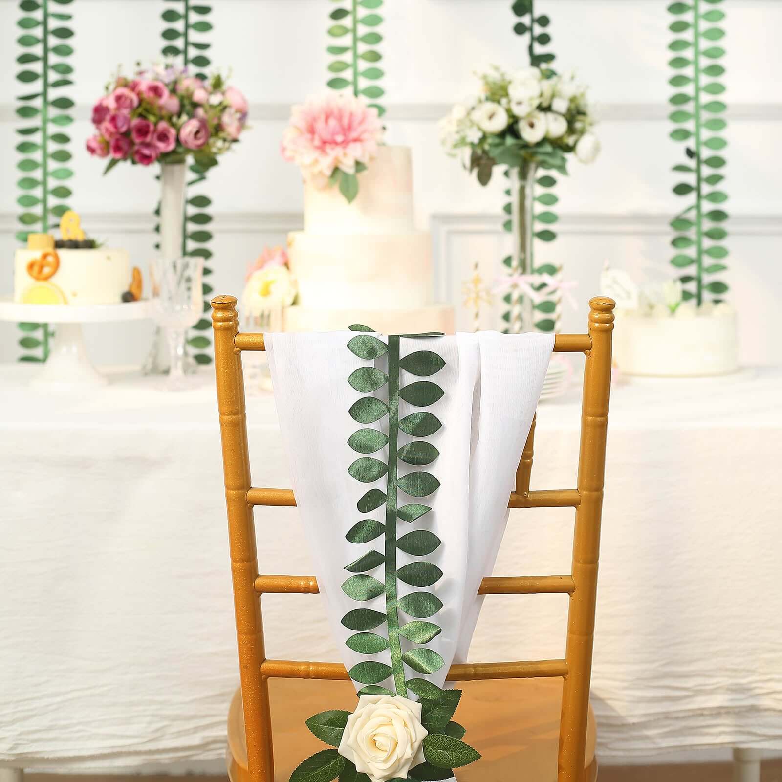 Taffeta Ribbon Sash with 4" Leaf Petal Design Green 50ft - Sophisticated Artificial Fabric Garland