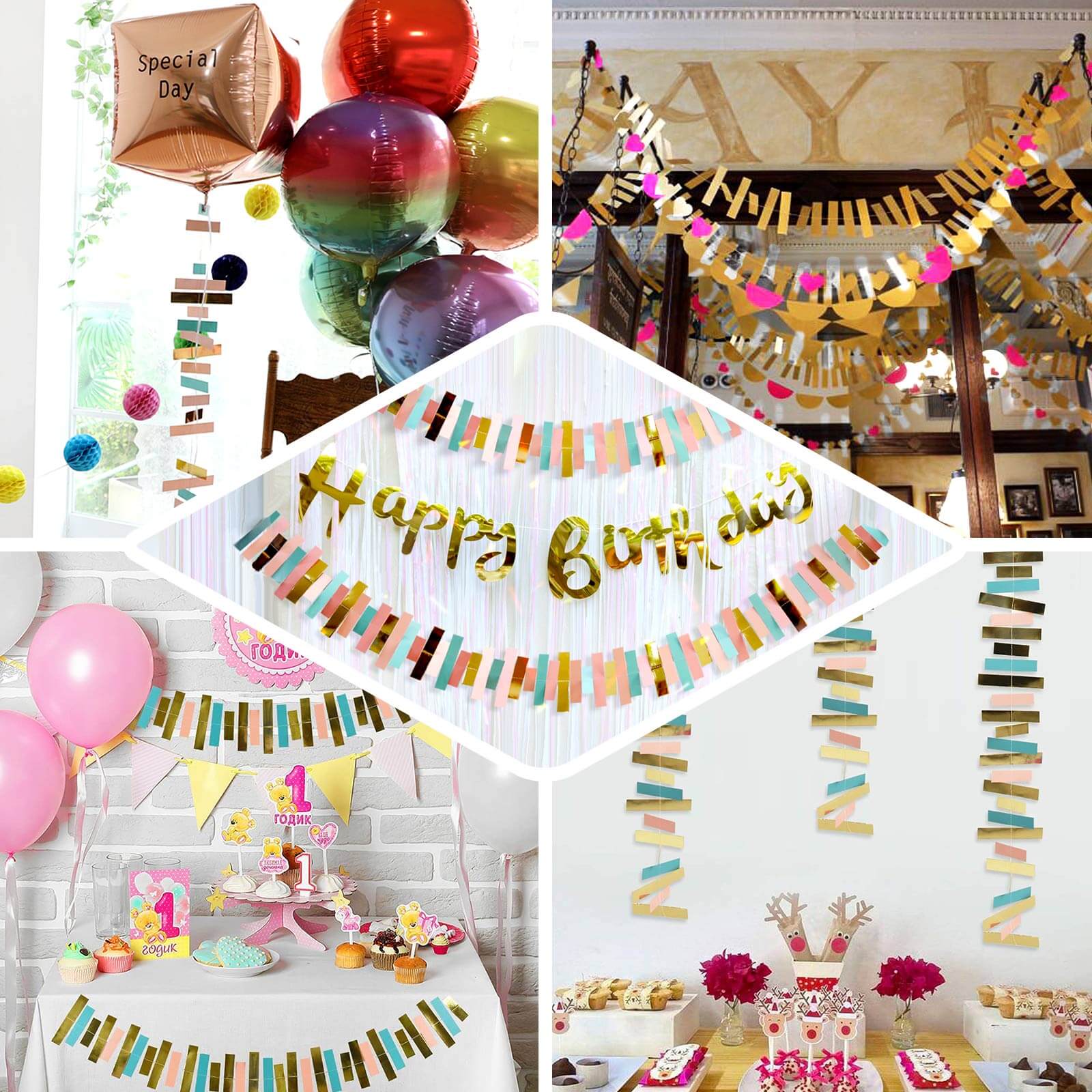 Gold, Blush and Turquoise Confetti-Like Paper Party Garland Streamer, Hanging Backdrop Decoration - 6.5ft