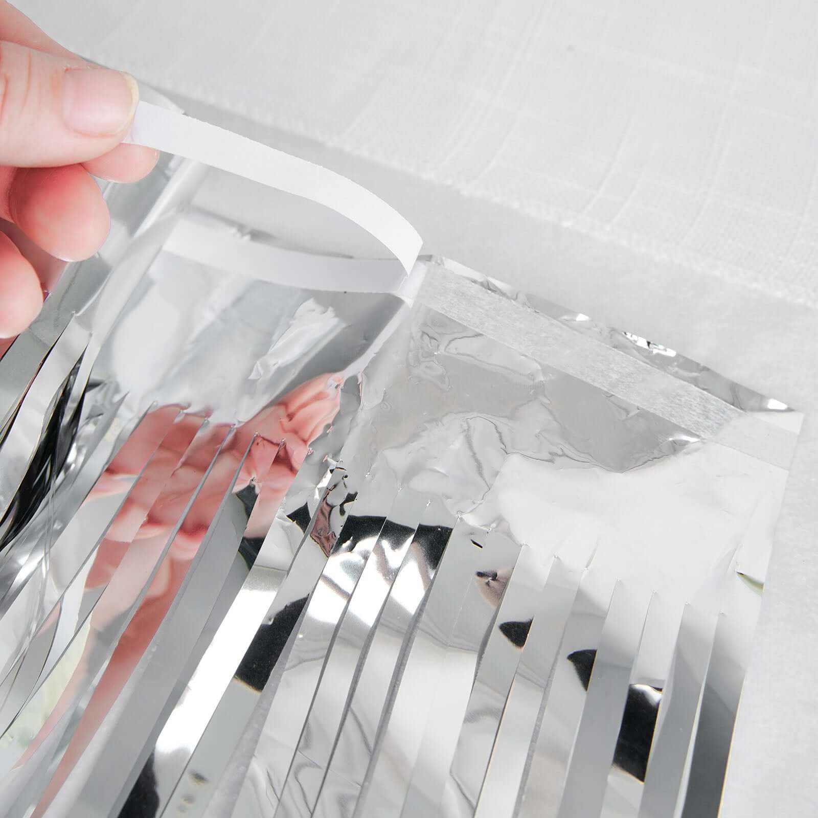 16ft Metallic Silver Foil Tassel Fringe Backdrop Banner, Tinsel Garland Decor