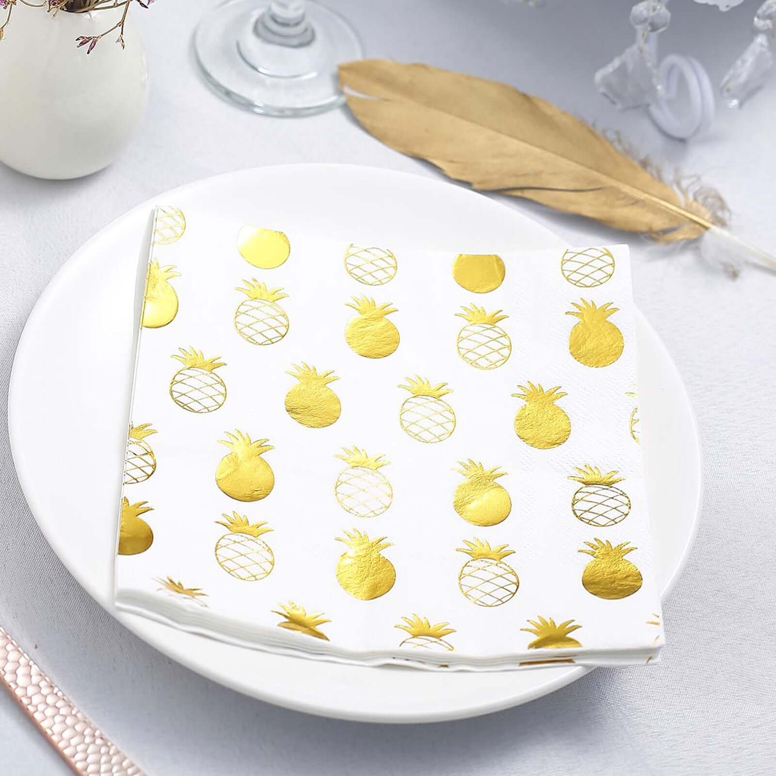 20-Pack Paper Dinner Napkins with Pineapple Design Metallic Gold - Disposable 3 Ply Cocktail Napkins for Parties